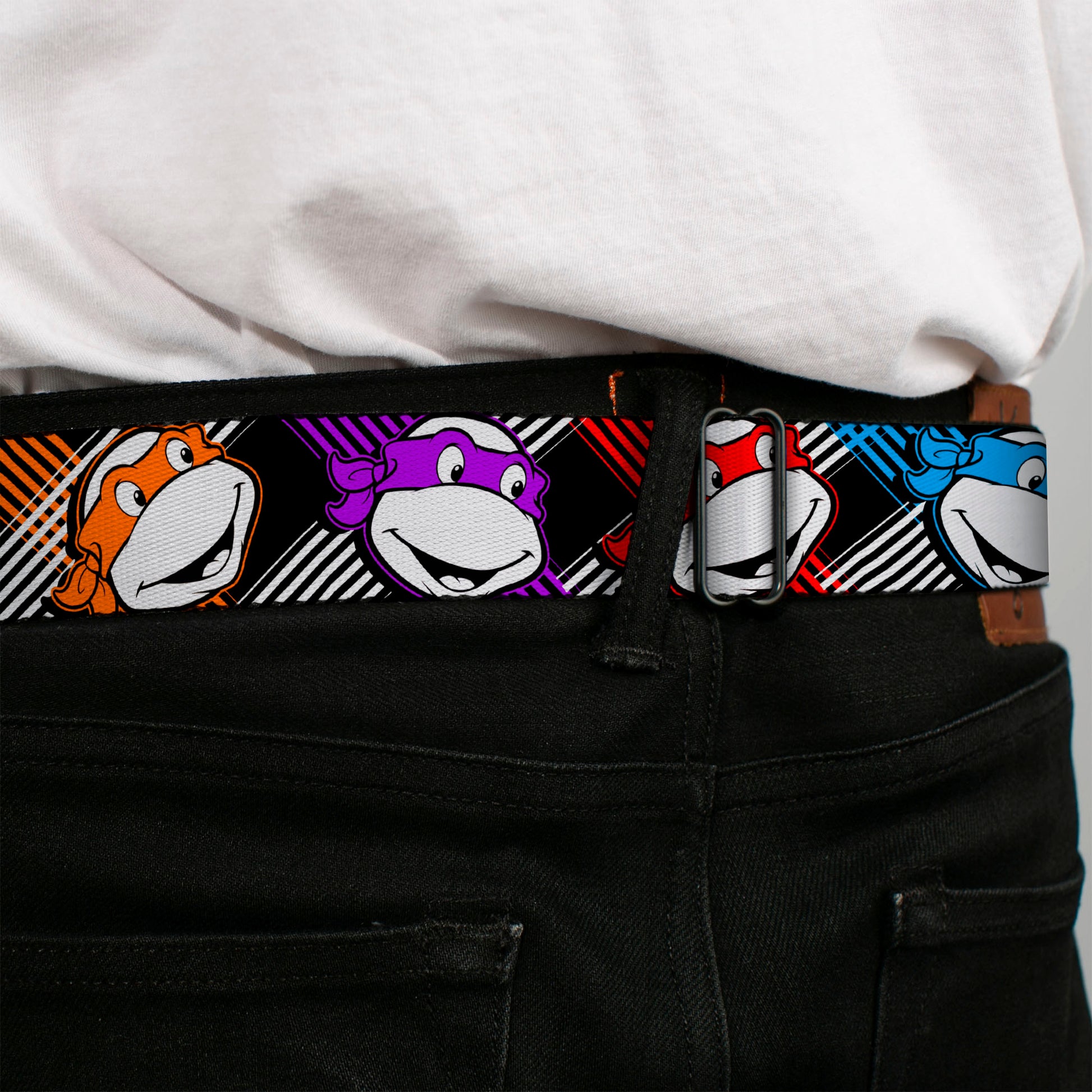Classic TMNT Logo Full Color Seatbelt Belt - Classic Teenage Mutant Ninja Turtles Masked Faces/Stripes Black/White/Multi Color Webbing Seatbelt Belts Teenage Mutant Ninja Turtles