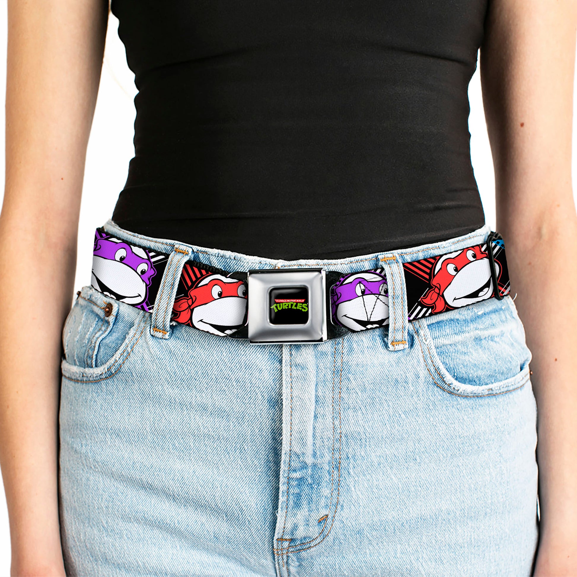 Classic TMNT Logo Full Color Seatbelt Belt - Classic Teenage Mutant Ninja Turtles Masked Faces/Stripes Black/White/Multi Color Webbing Seatbelt Belts Teenage Mutant Ninja Turtles