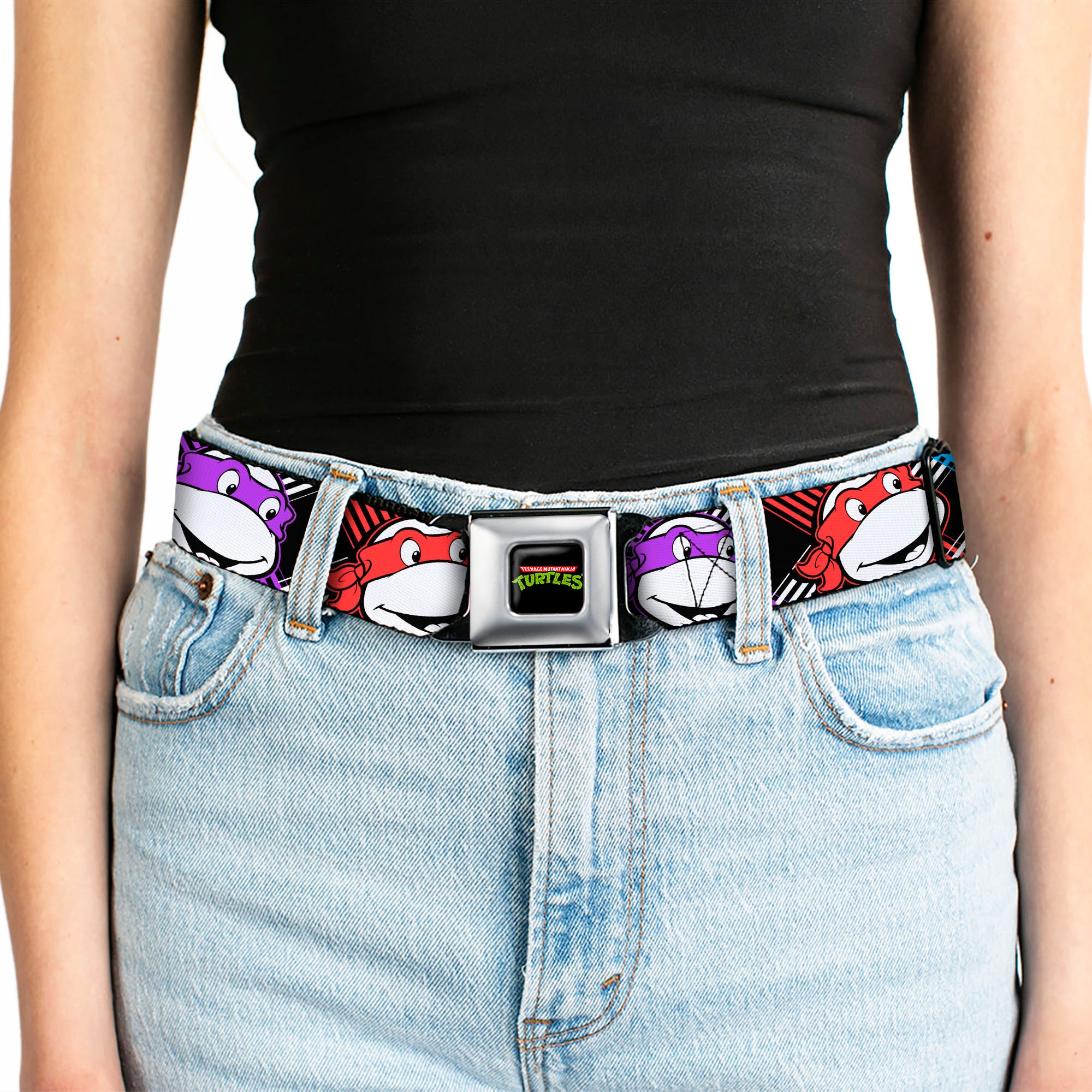 Classic TMNT Logo Full Color Seatbelt Belt - Classic Teenage Mutant Ninja Turtles Masked Faces/Stripes Black/White/Multi Color Webbing Seatbelt Belts Teenage Mutant Ninja Turtles