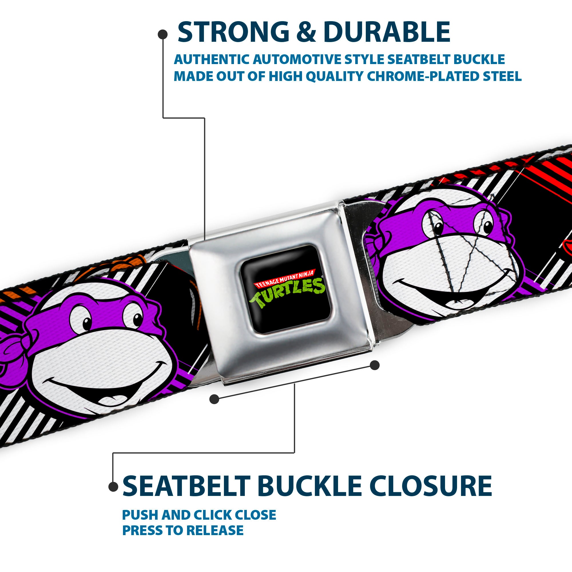 Classic TMNT Logo Full Color Seatbelt Belt - Classic Teenage Mutant Ninja Turtles Masked Faces/Stripes Black/White/Multi Color Webbing Seatbelt Belts Teenage Mutant Ninja Turtles