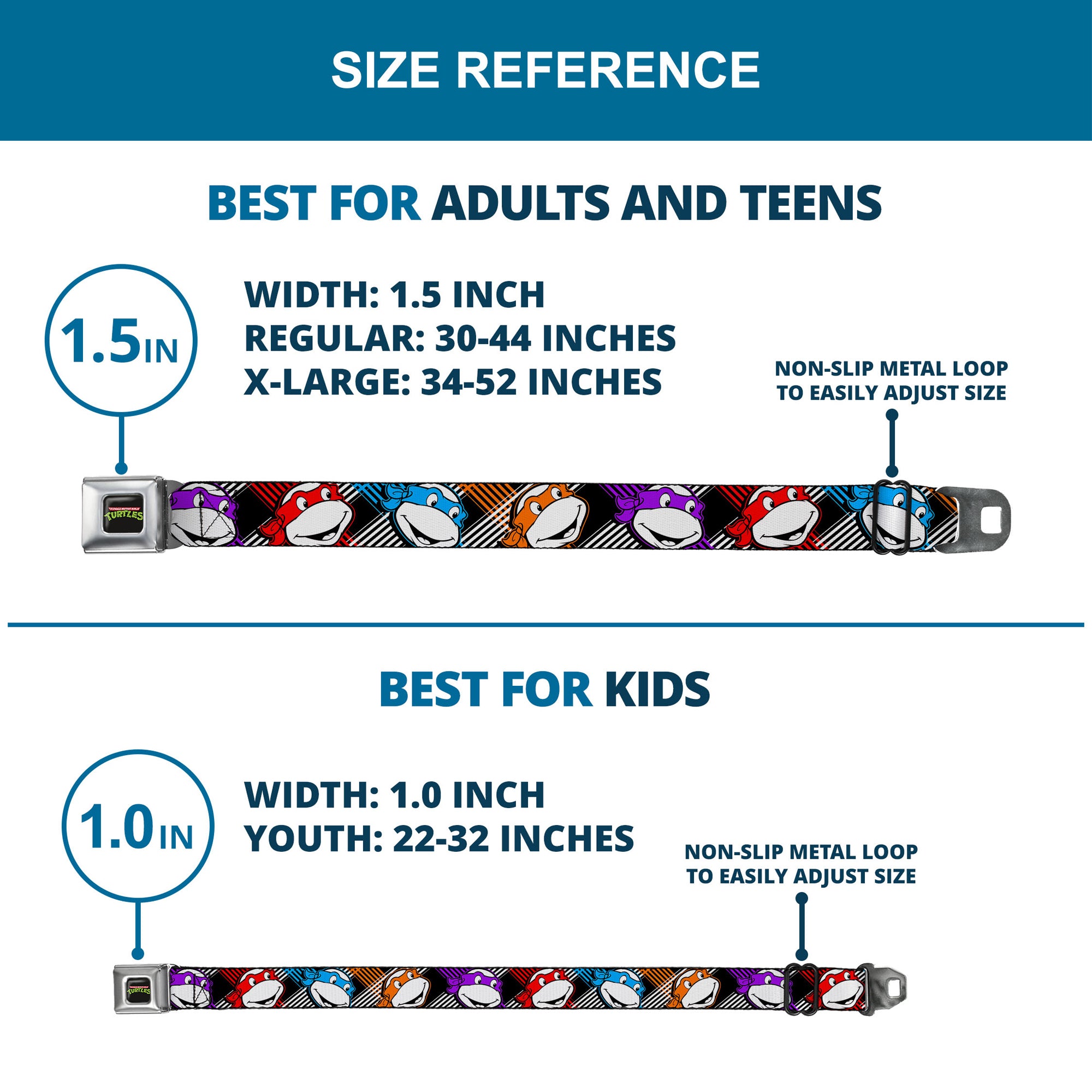 Classic TMNT Logo Full Color Seatbelt Belt - Classic Teenage Mutant Ninja Turtles Masked Faces/Stripes Black/White/Multi Color Webbing Seatbelt Belts Teenage Mutant Ninja Turtles