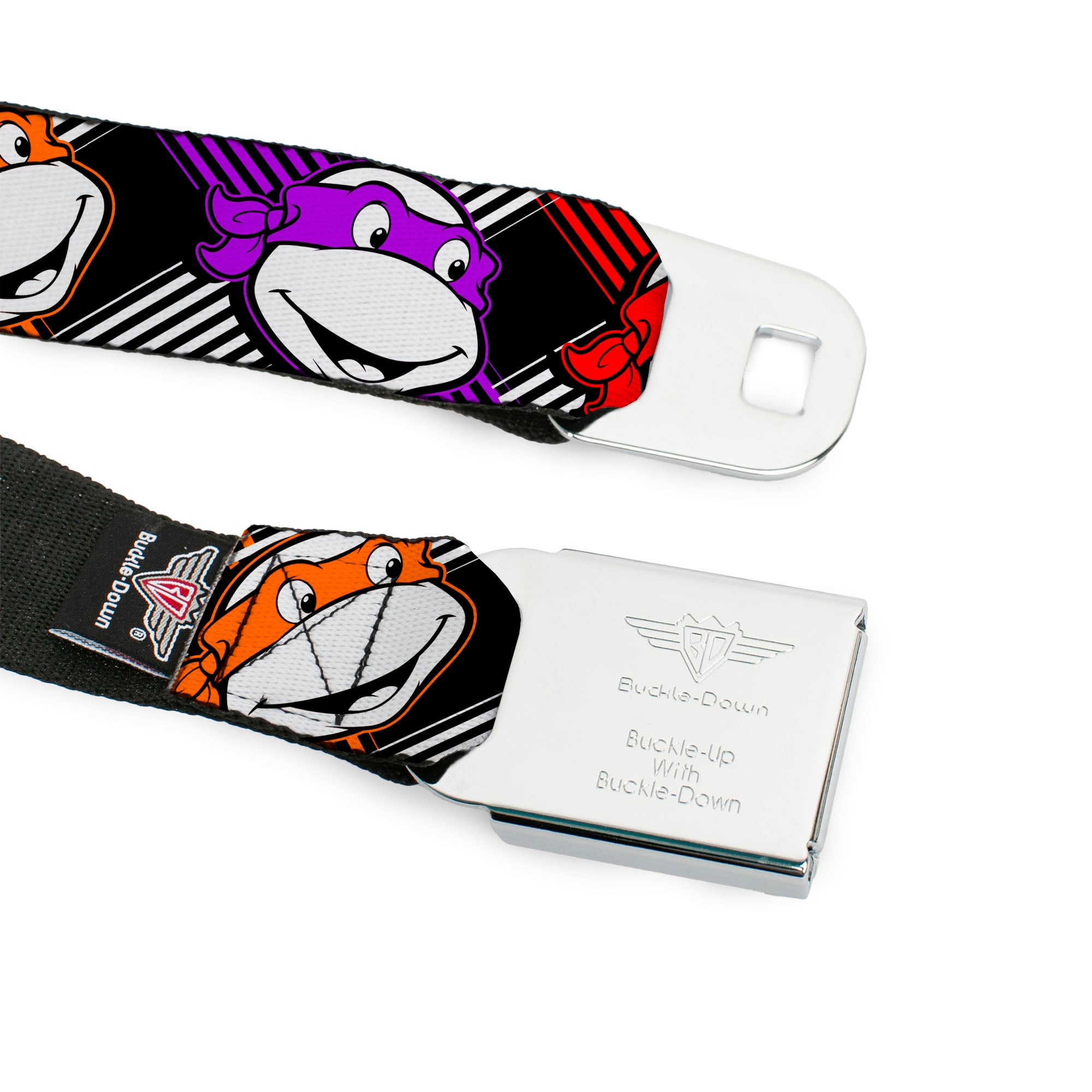 Classic TMNT Logo Full Color Seatbelt Belt - Classic Teenage Mutant Ninja Turtles Masked Faces/Stripes Black/White/Multi Color Webbing Seatbelt Belts Teenage Mutant Ninja Turtles