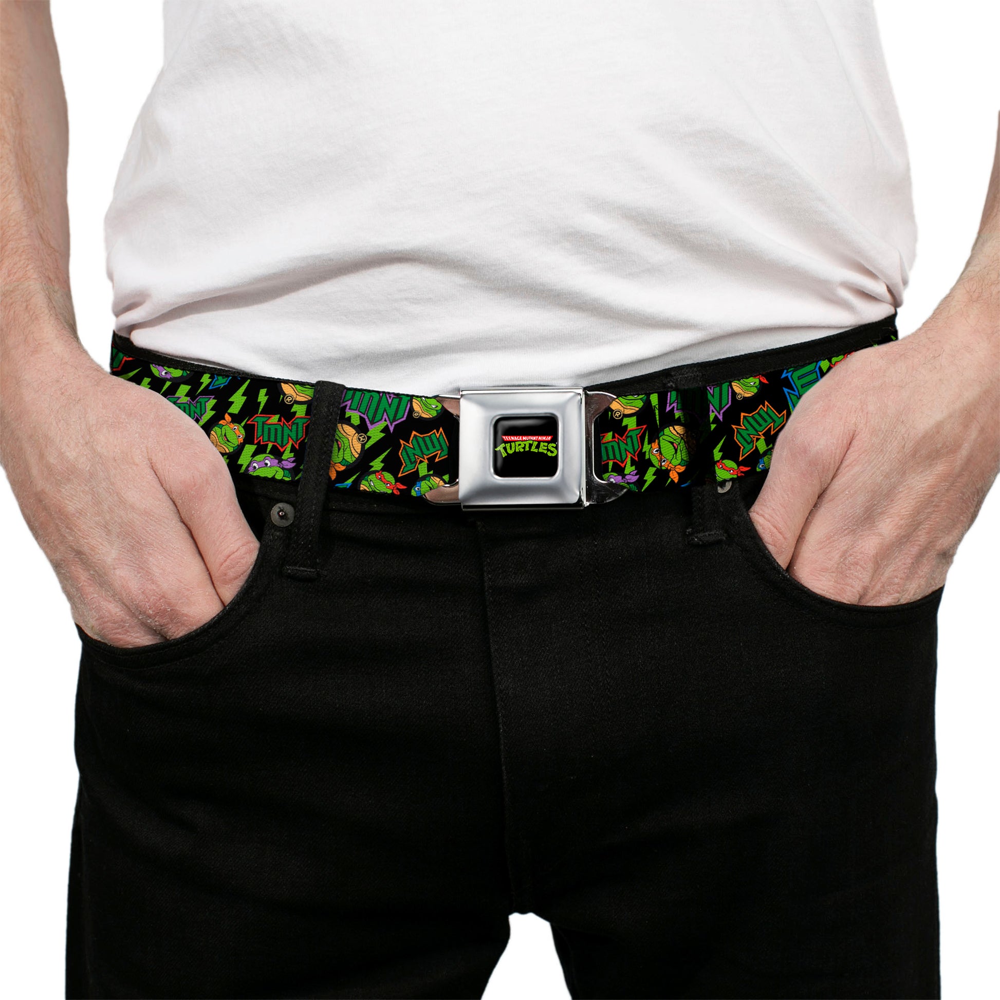 Classic TMNT Logo Full Color Seatbelt Belt - Classic TMNT/Bolts/Faces Black/Greens Webbing Seatbelt Belts Teenage Mutant Ninja Turtles