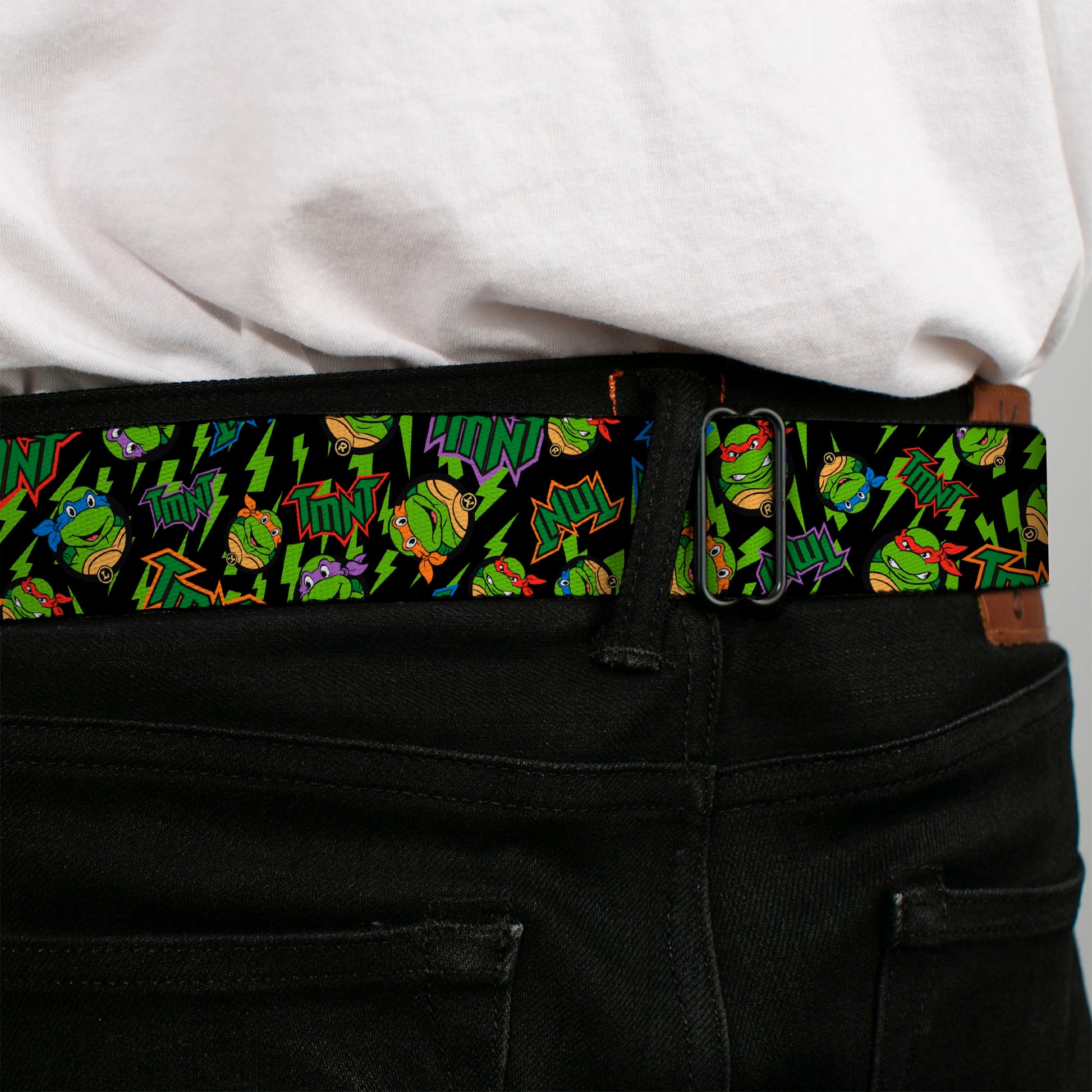 Classic TMNT Logo Full Color Seatbelt Belt - Classic TMNT/Bolts/Faces Black/Greens Webbing Seatbelt Belts Teenage Mutant Ninja Turtles