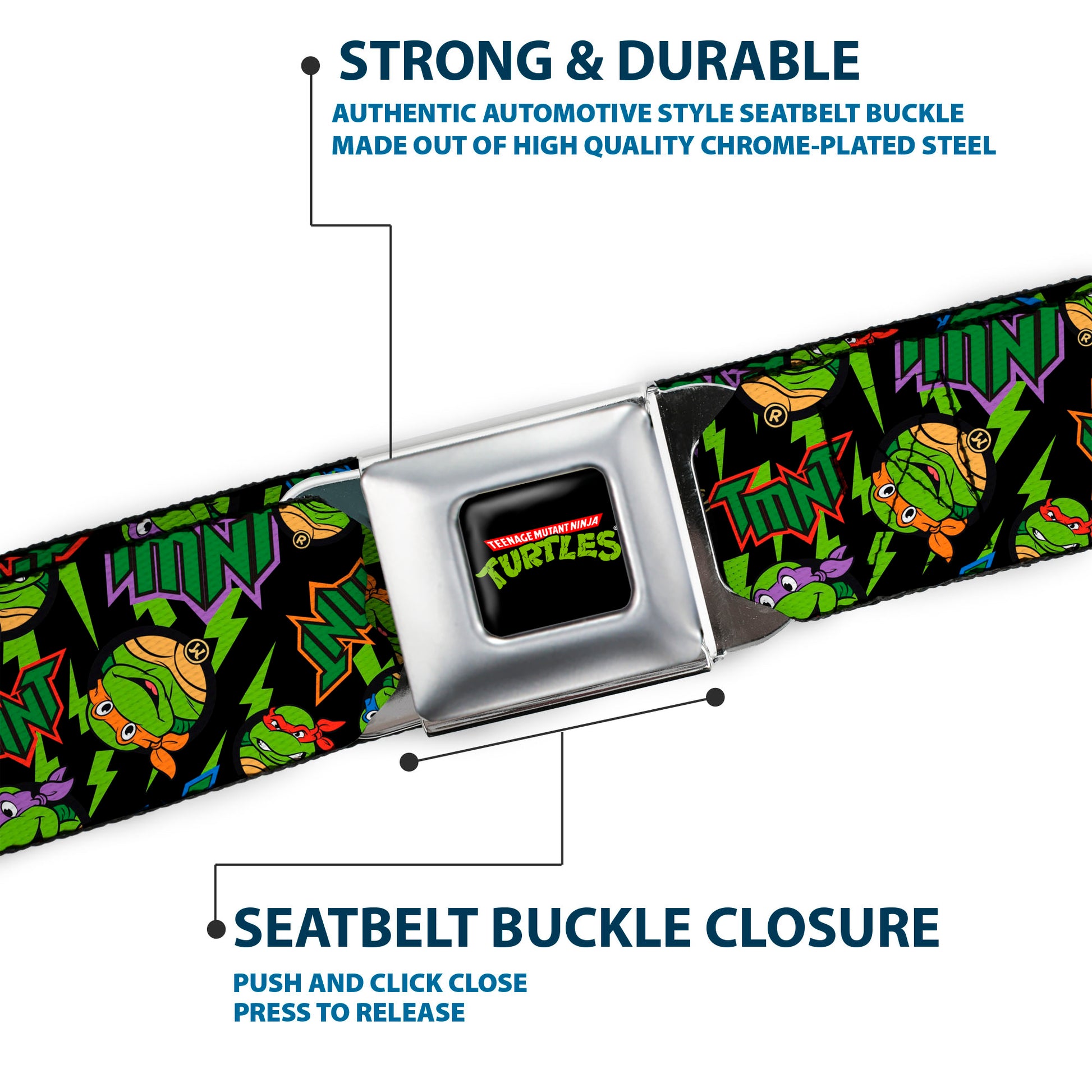 Classic TMNT Logo Full Color Seatbelt Belt - Classic TMNT/Bolts/Faces Black/Greens Webbing Seatbelt Belts Teenage Mutant Ninja Turtles