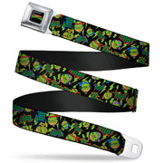 Classic TMNT Logo Full Color Seatbelt Belt - Classic TMNT/Bolts/Faces Black/Greens Webbing Seatbelt Belts Teenage Mutant Ninja Turtles