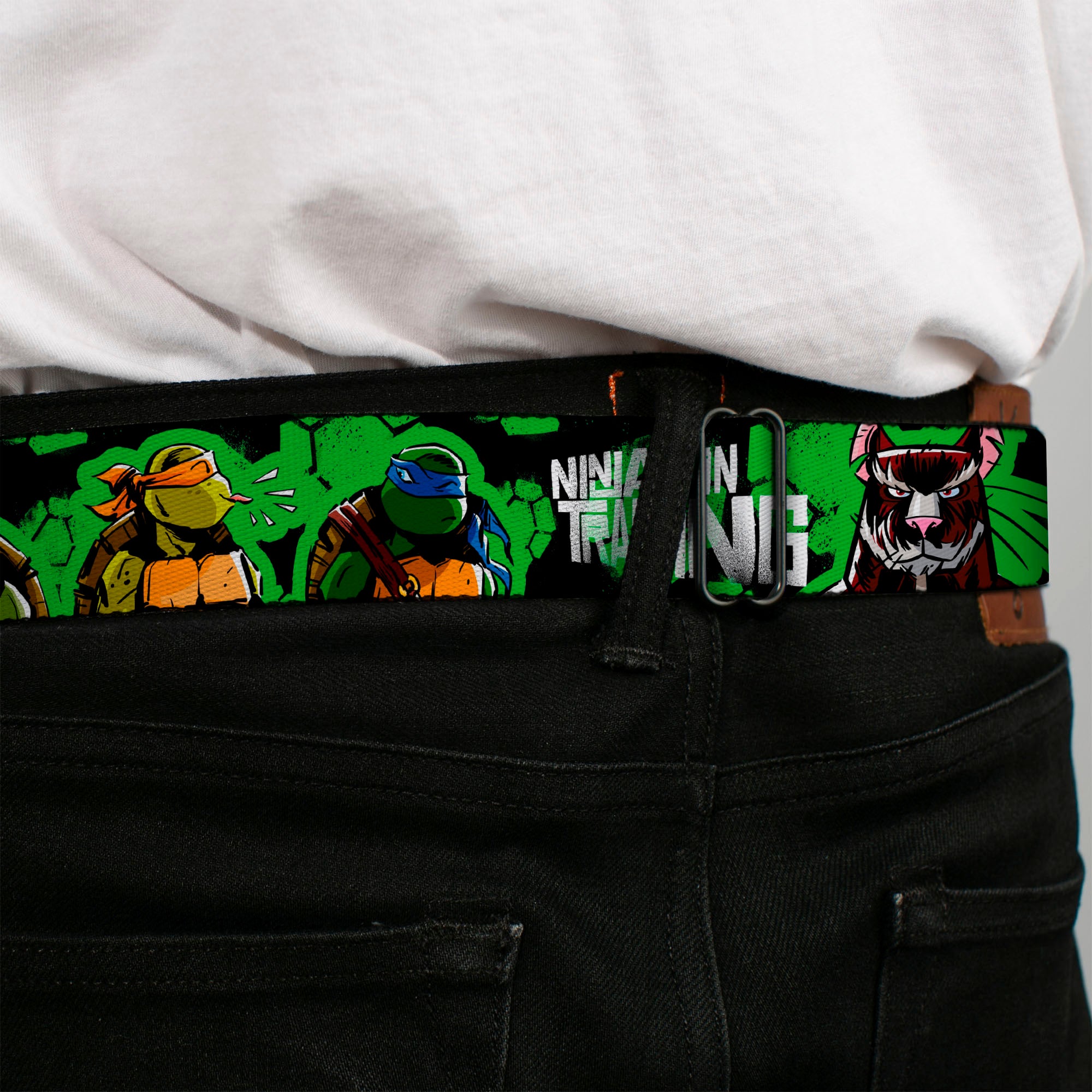 Classic TMNT Logo Full Color Seatbelt Belt - Classic TMNT Turtles Pose11 & Splinter NINJAS IN TRAINING Black/Green Webbing Seatbelt Belts Teenage Mutant Ninja Turtles