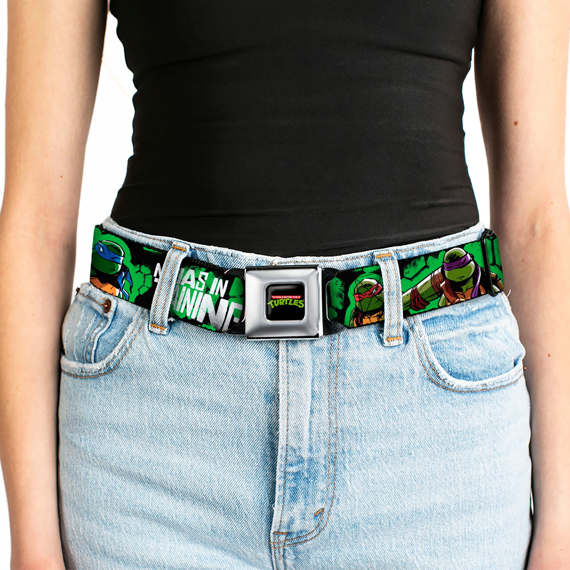 Classic TMNT Logo Full Color Seatbelt Belt - Classic TMNT Turtles Pose11 & Splinter NINJAS IN TRAINING Black/Green Webbing Seatbelt Belts Teenage Mutant Ninja Turtles