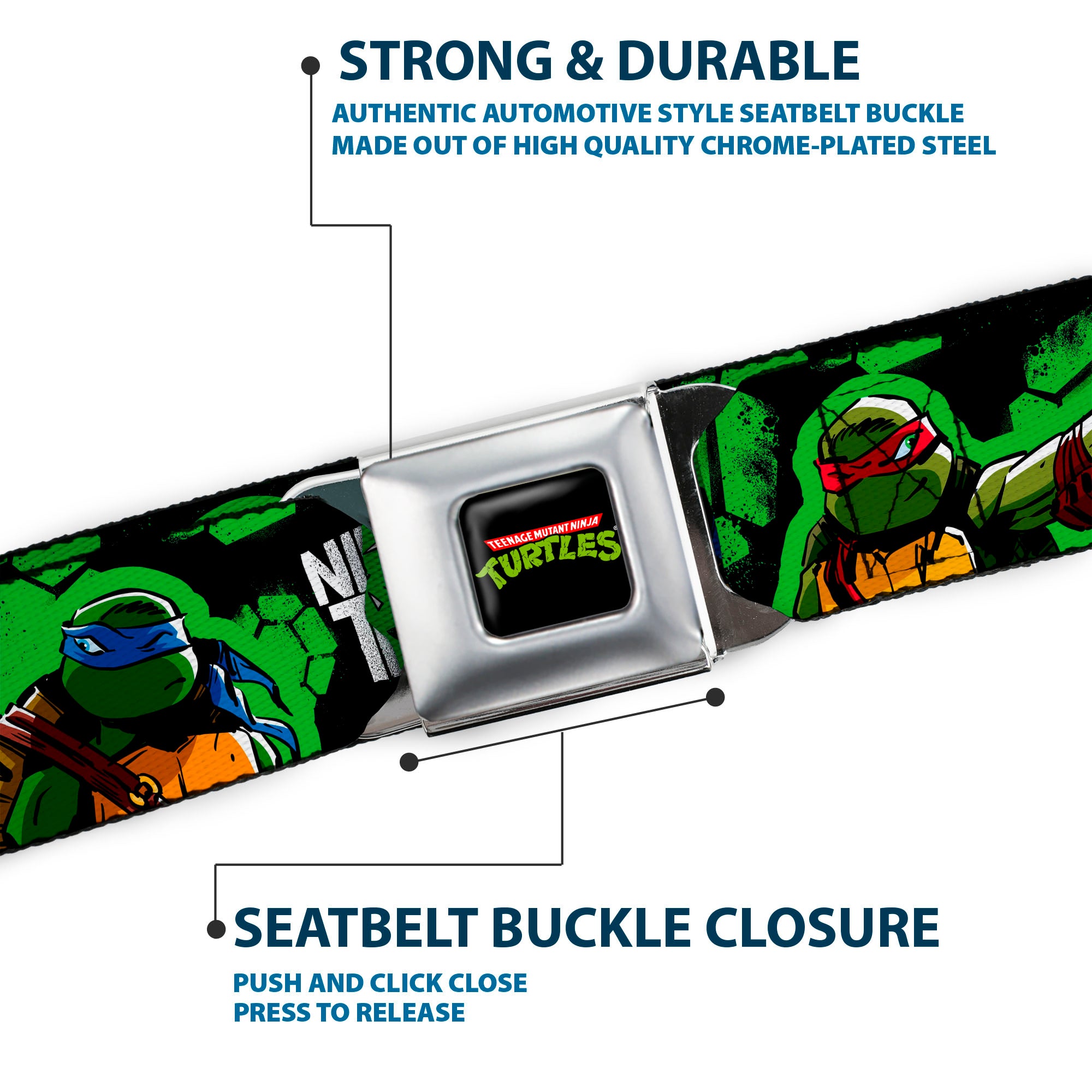 Classic TMNT Logo Full Color Seatbelt Belt - Classic TMNT Turtles Pose11 & Splinter NINJAS IN TRAINING Black/Green Webbing Seatbelt Belts Teenage Mutant Ninja Turtles