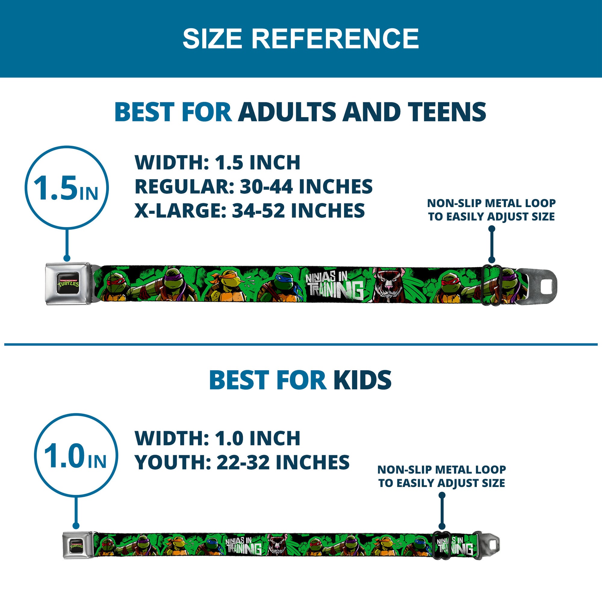 Classic TMNT Logo Full Color Seatbelt Belt - Classic TMNT Turtles Pose11 & Splinter NINJAS IN TRAINING Black/Green Webbing Seatbelt Belts Teenage Mutant Ninja Turtles