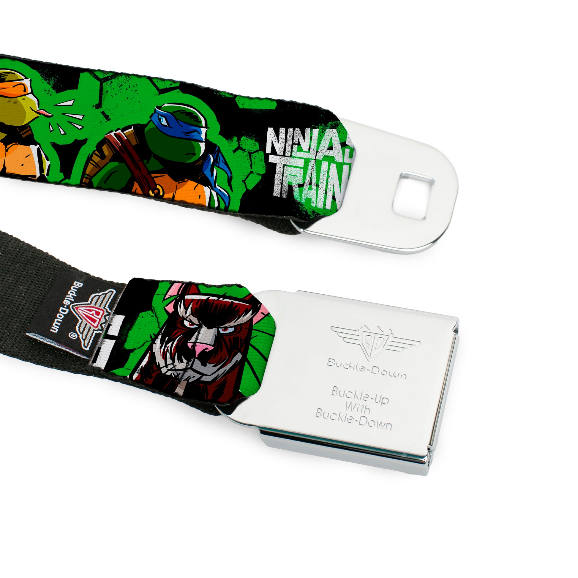 Classic TMNT Logo Full Color Seatbelt Belt - Classic TMNT Turtles Pose11 & Splinter NINJAS IN TRAINING Black/Green Webbing Seatbelt Belts Teenage Mutant Ninja Turtles