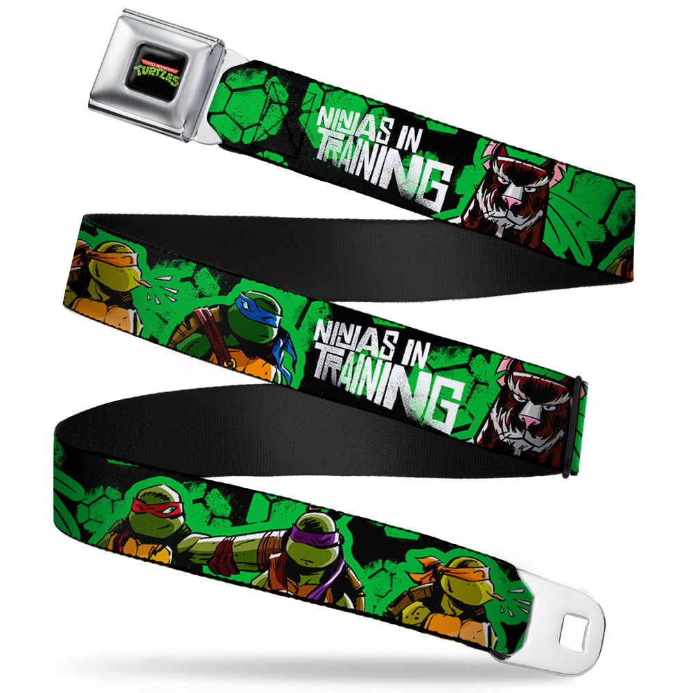 Classic TMNT Logo Full Color Seatbelt Belt - Classic TMNT Turtles Pose11 & Splinter NINJAS IN TRAINING Black/Green Webbing Seatbelt Belts Nickelodeon