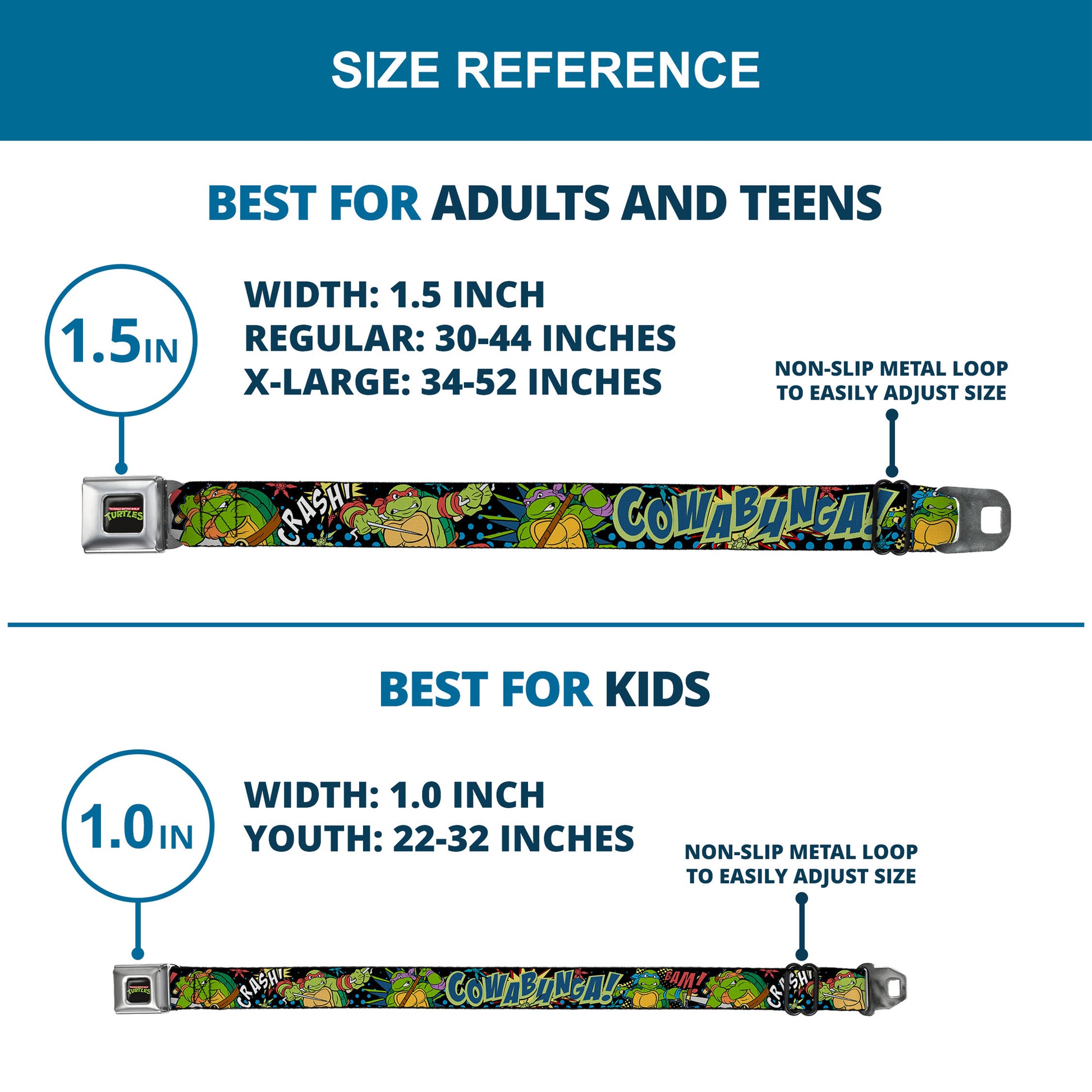 Classic TMNT Logo Full Color Seatbelt Belt - Classic Teenage Mutant Ninja Turtles Turtles Pose12 COWABUNGA! Pop Art Webbing Seatbelt Belts Teenage Mutant Ninja Turtles