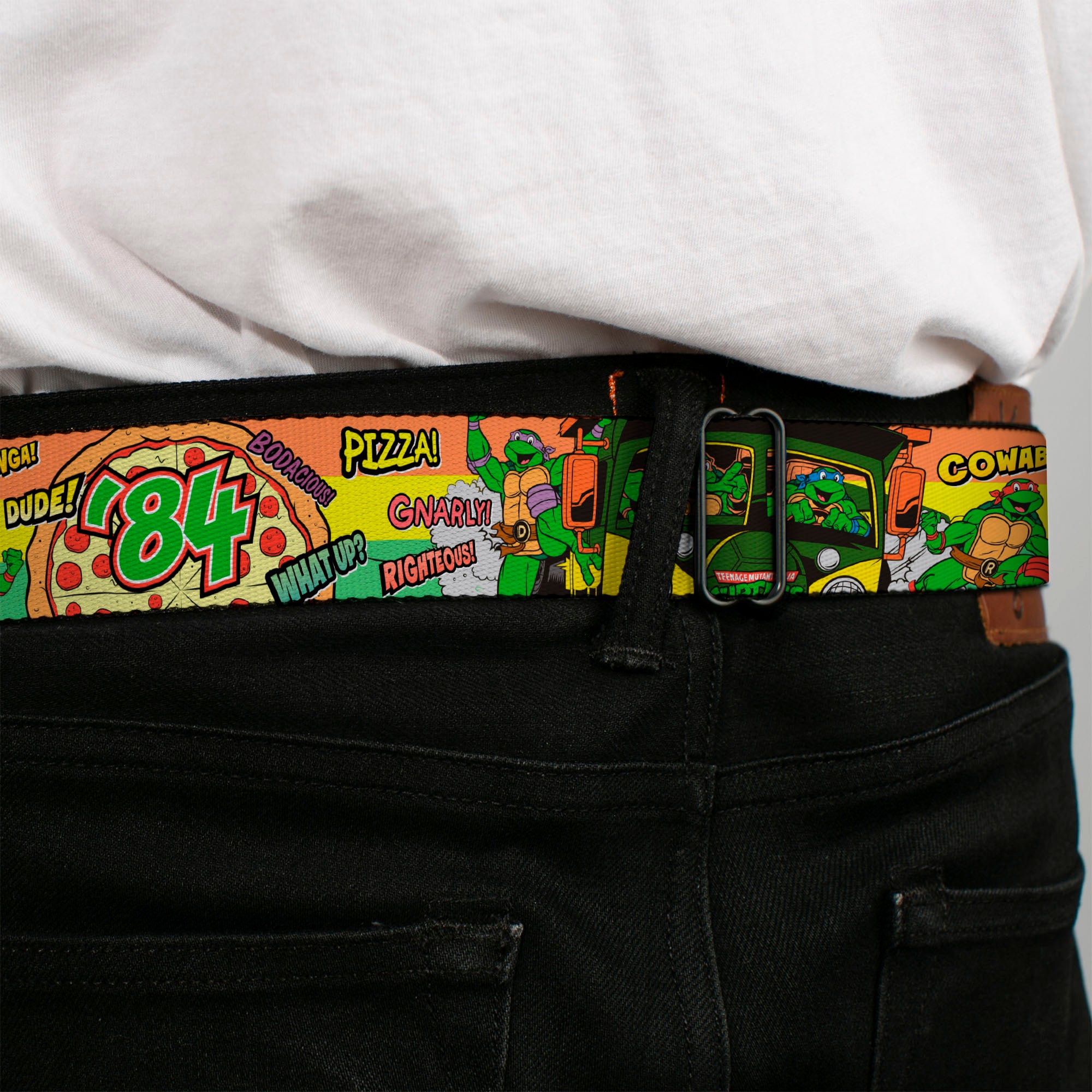 Classic TMNT Logo Full Color Seatbelt Belt - Classic Teenage Mutant Ninja Turtles Turtles Pose14 '84 Pizza/Verbiage Webbing Seatbelt Belts Teenage Mutant Ninja Turtles