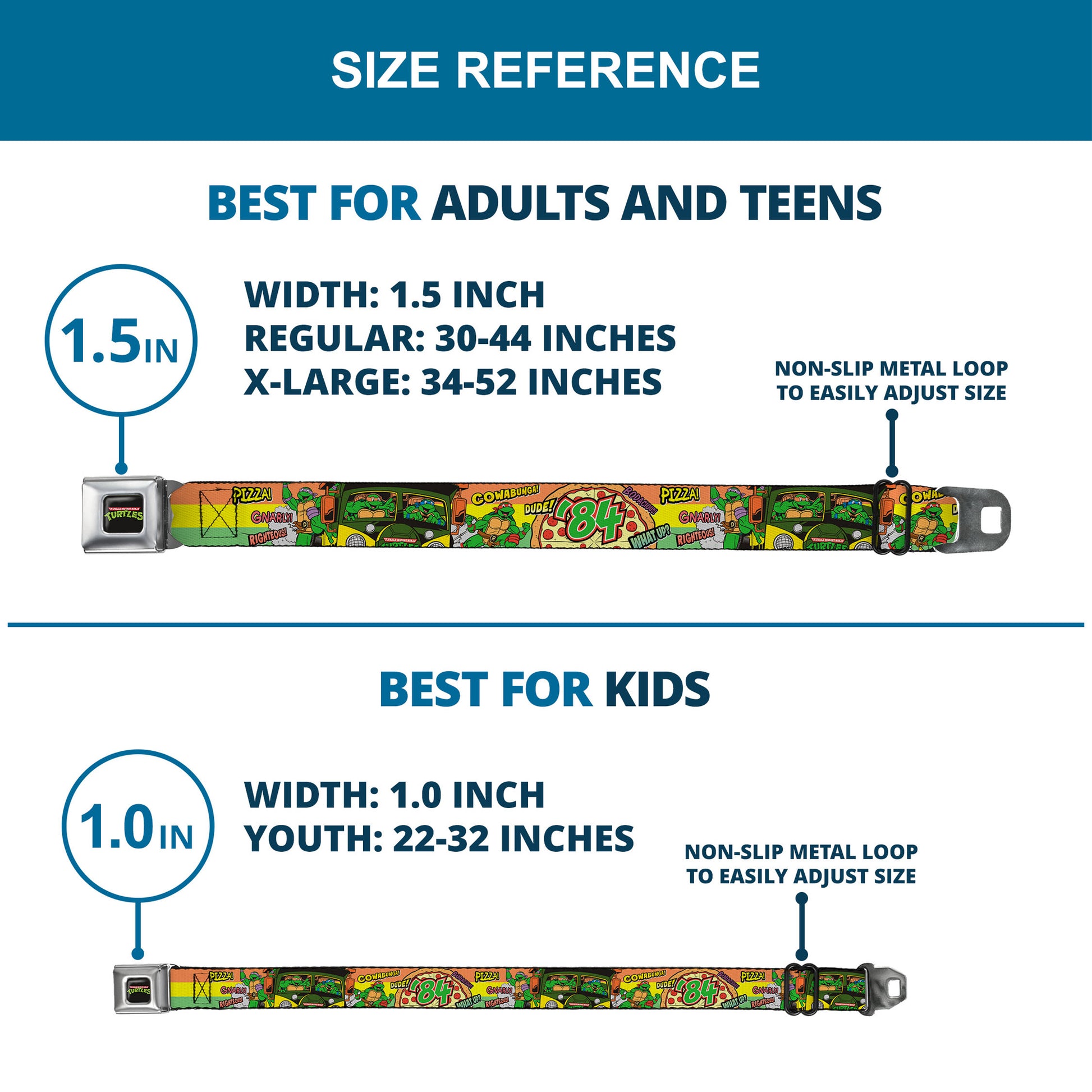 Classic TMNT Logo Full Color Seatbelt Belt - Classic Teenage Mutant Ninja Turtles Turtles Pose14 '84 Pizza/Verbiage Webbing Seatbelt Belts Teenage Mutant Ninja Turtles