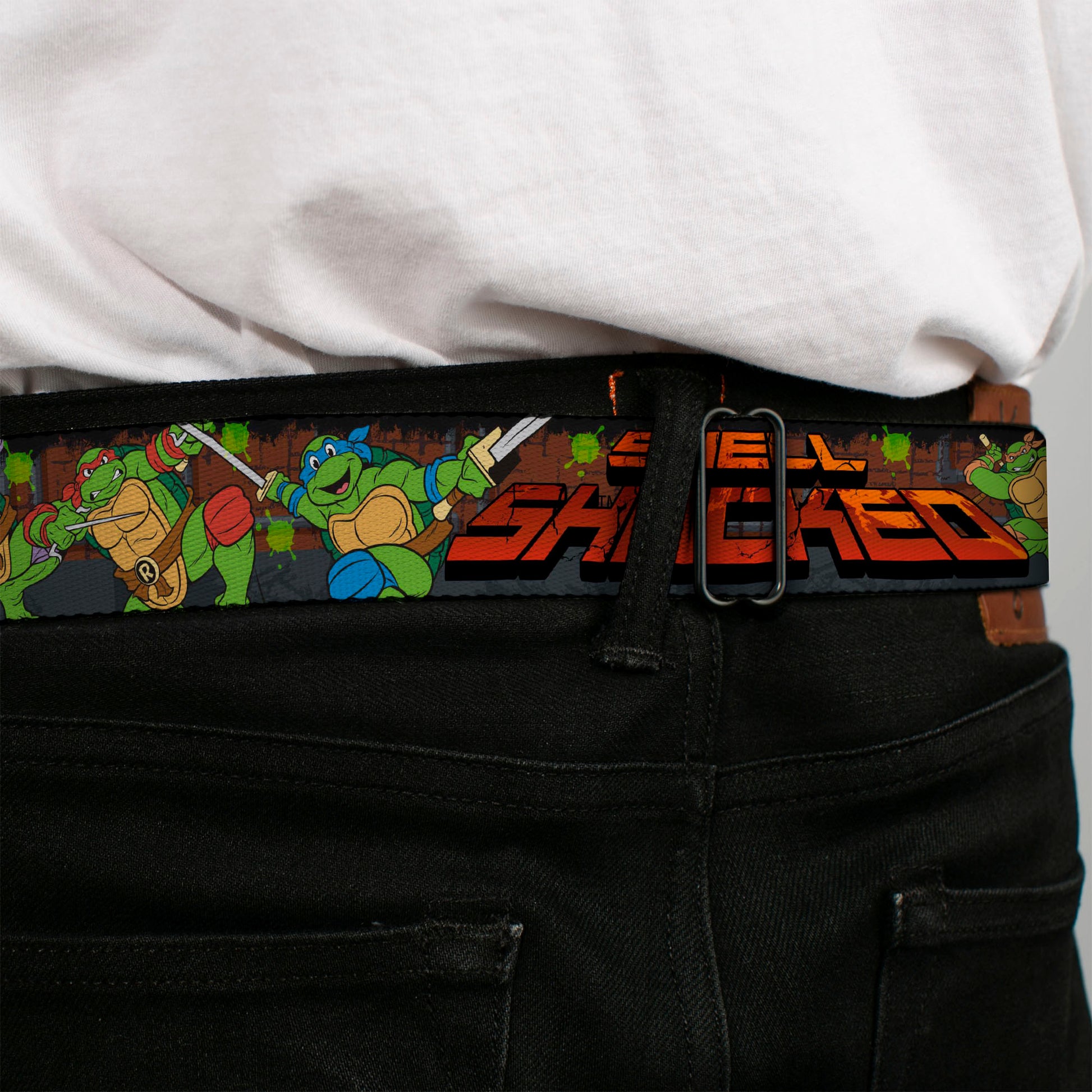 Classic TMNT Logo Full Color Seatbelt Belt - Classic Teenage Mutant Ninja Turtles Turtles Pose15 SHELL SHOCKED Brick Wall/Splatter Webbing Seatbelt Belts Teenage Mutant Ninja Turtles