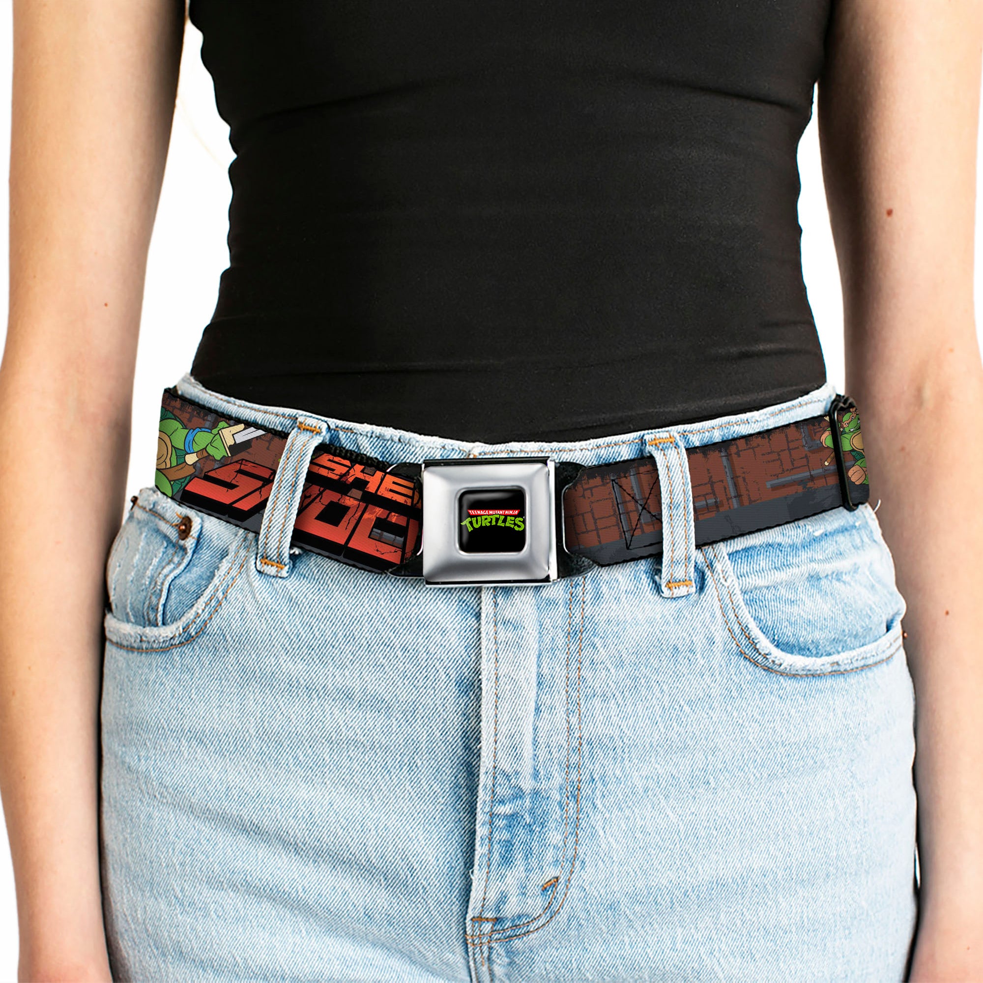 Classic TMNT Logo Full Color Seatbelt Belt - Classic Teenage Mutant Ninja Turtles Turtles Pose15 SHELL SHOCKED Brick Wall/Splatter Webbing Seatbelt Belts Teenage Mutant Ninja Turtles
