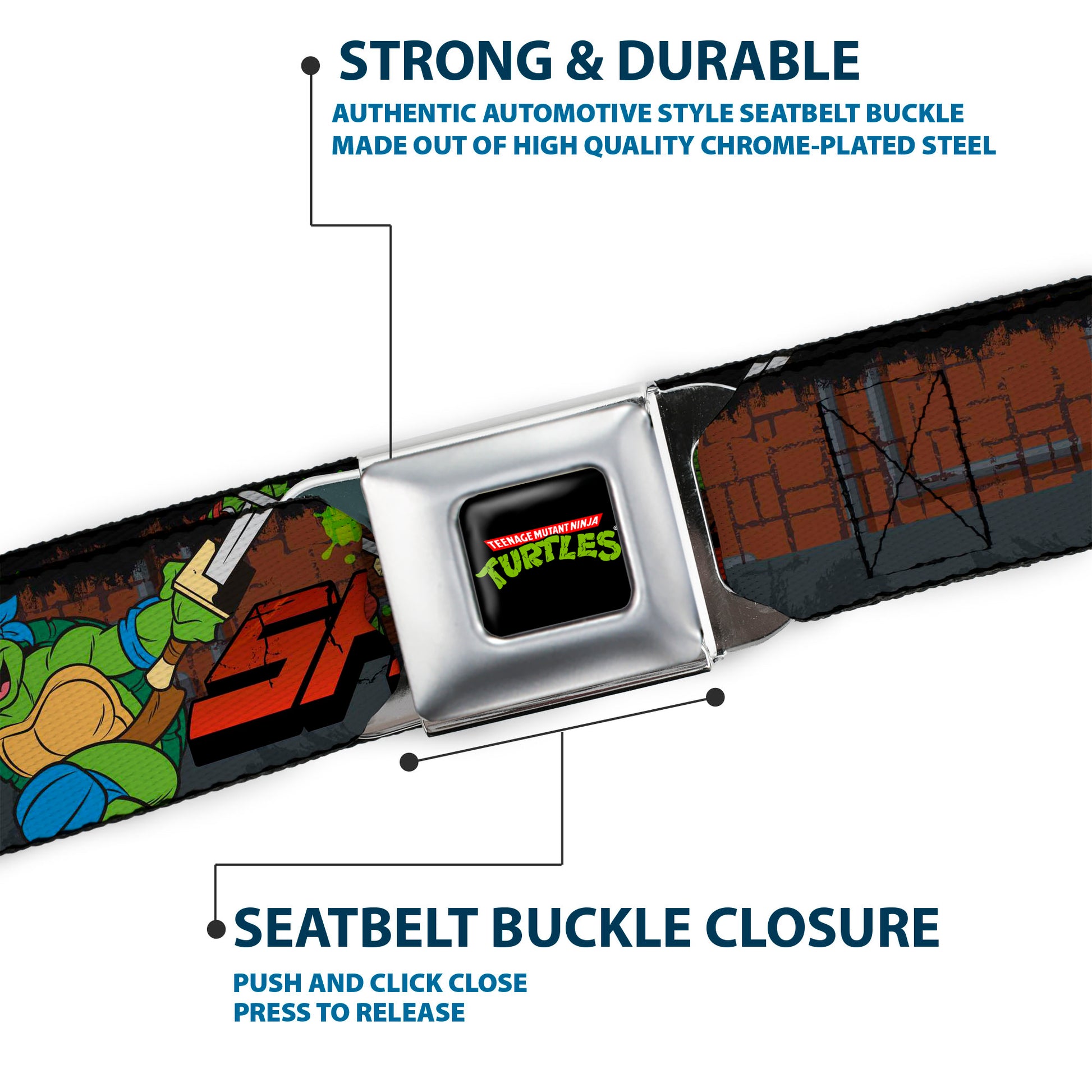 Classic TMNT Logo Full Color Seatbelt Belt - Classic Teenage Mutant Ninja Turtles Turtles Pose15 SHELL SHOCKED Brick Wall/Splatter Webbing Seatbelt Belts Teenage Mutant Ninja Turtles
