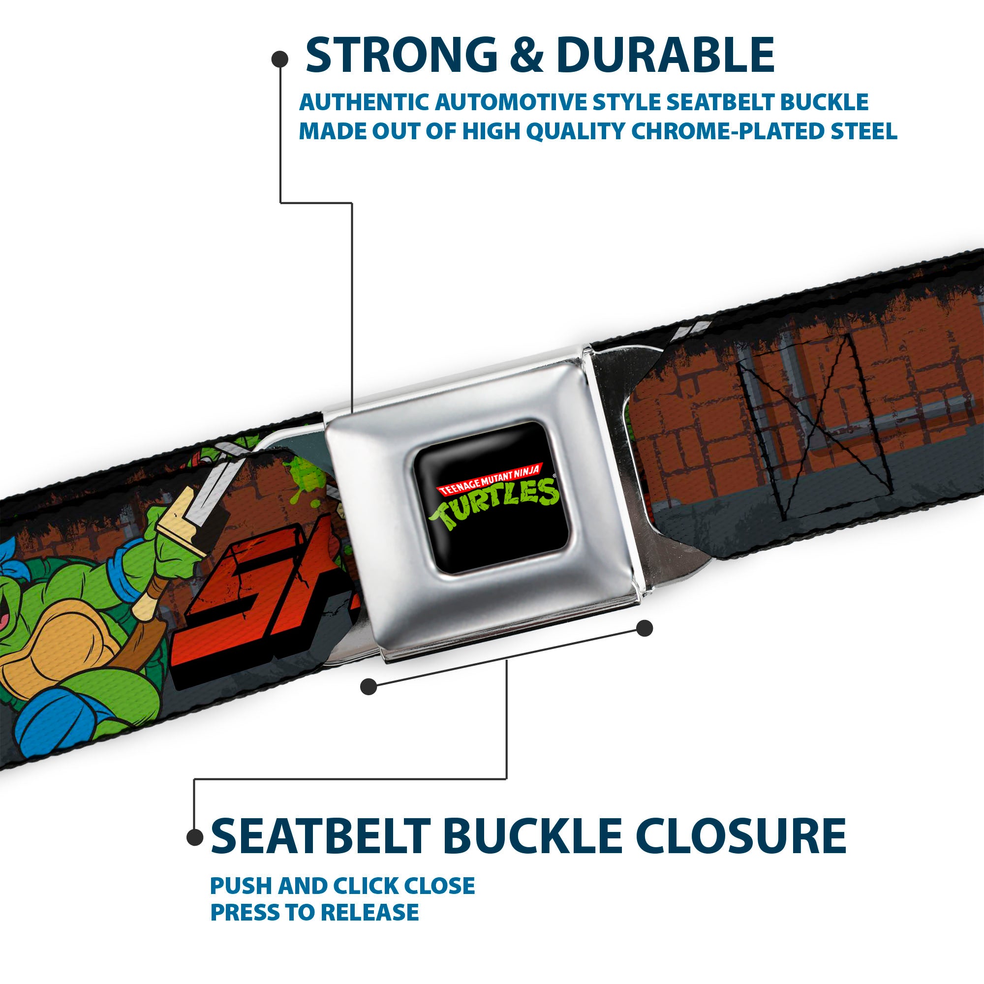 Classic TMNT Logo Full Color Seatbelt Belt - Classic Teenage Mutant Ninja Turtles Turtles Pose15 SHELL SHOCKED Brick Wall/Splatter Webbing Seatbelt Belts Teenage Mutant Ninja Turtles