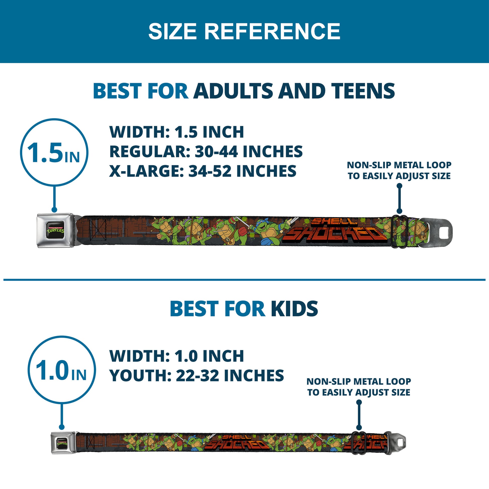 Classic TMNT Logo Full Color Seatbelt Belt - Classic Teenage Mutant Ninja Turtles Turtles Pose15 SHELL SHOCKED Brick Wall/Splatter Webbing Seatbelt Belts Teenage Mutant Ninja Turtles