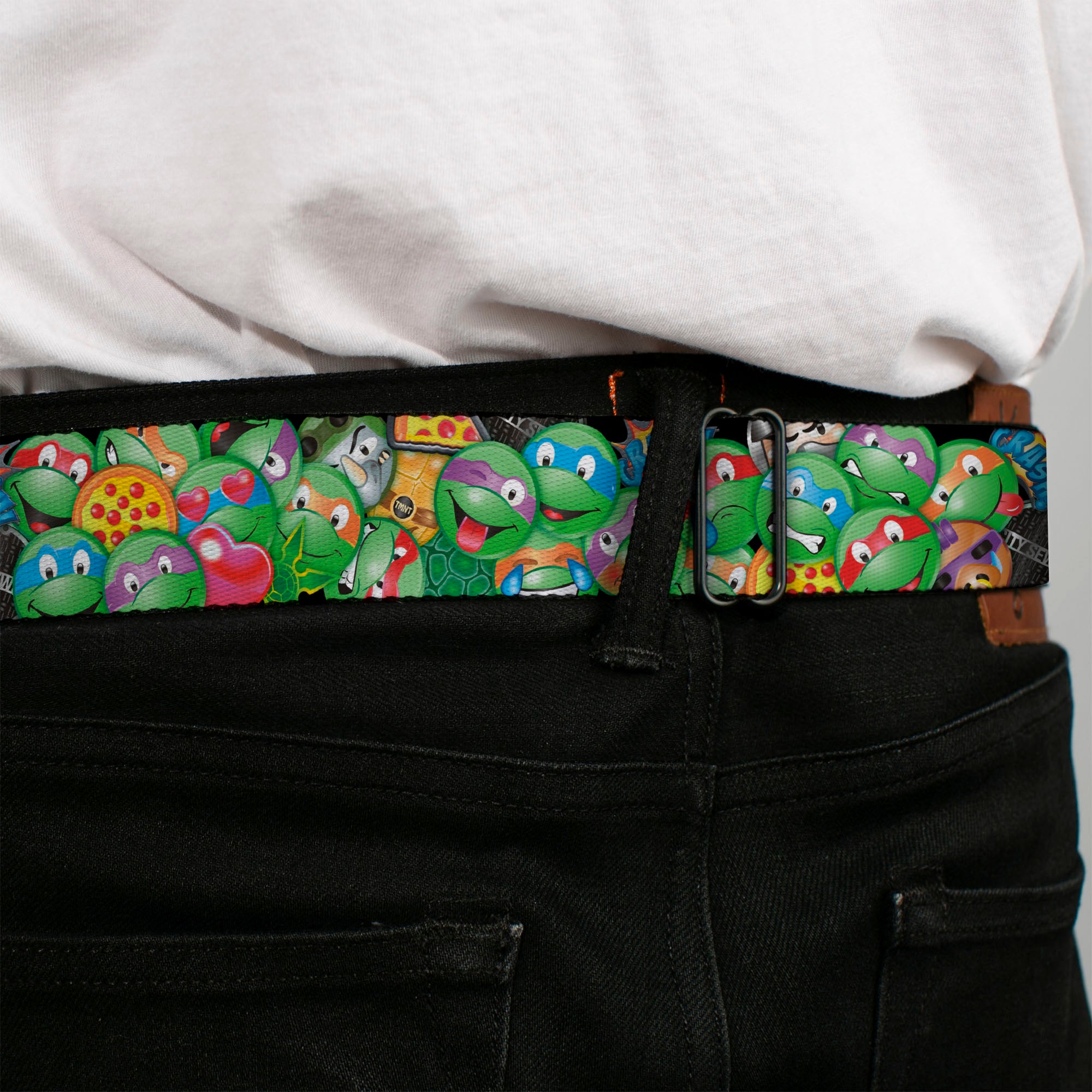 Classic TMNT Logo Full Color Seatbelt Belt - Classic TMNT Turtle Expressions/Pizza/Turtle Shell Buttons Stacked Webbing Seatbelt Belts Teenage Mutant Ninja Turtles