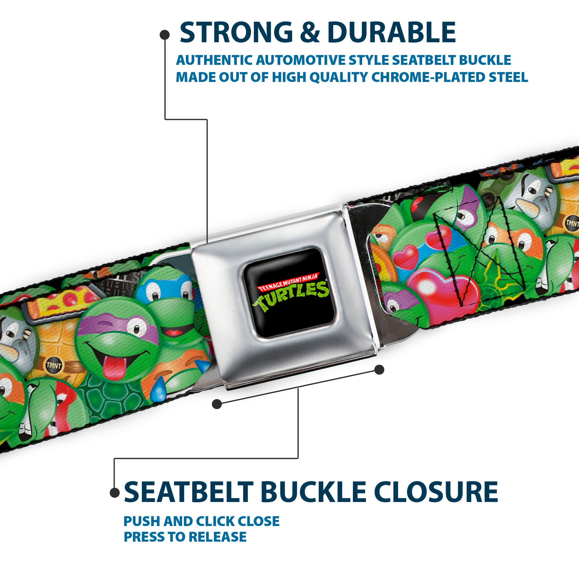 Classic TMNT Logo Full Color Seatbelt Belt - Classic TMNT Turtle Expressions/Pizza/Turtle Shell Buttons Stacked Webbing Seatbelt Belts Teenage Mutant Ninja Turtles