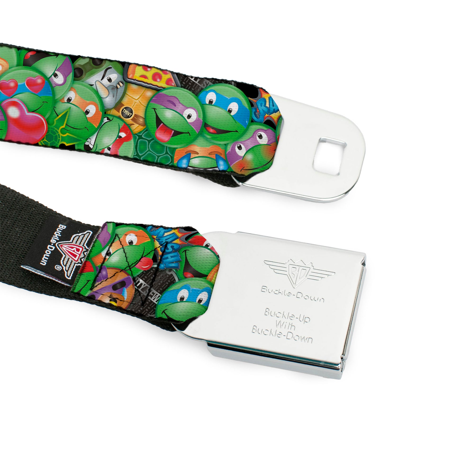 Classic TMNT Logo Full Color Seatbelt Belt - Classic TMNT Turtle Expressions/Pizza/Turtle Shell Buttons Stacked Webbing Seatbelt Belts Teenage Mutant Ninja Turtles