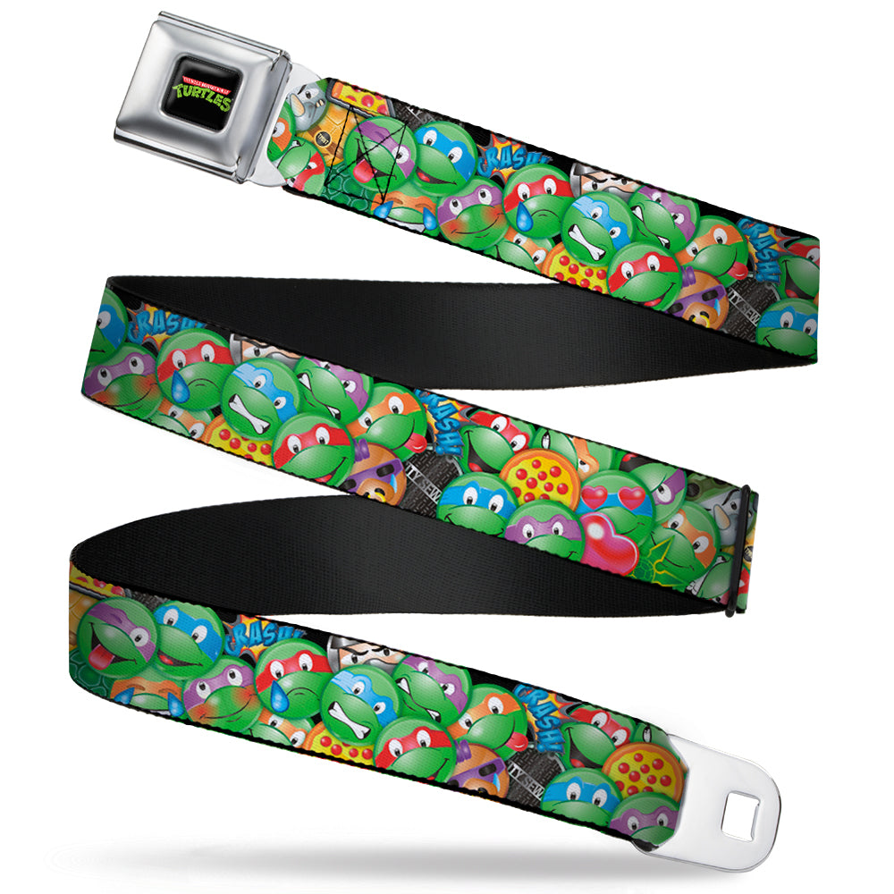 Classic TMNT Logo Full Color Seatbelt Belt - Classic TMNT Turtle Expressions/Pizza/Turtle Shell Buttons Stacked Webbing Seatbelt Belts Teenage Mutant Ninja Turtles