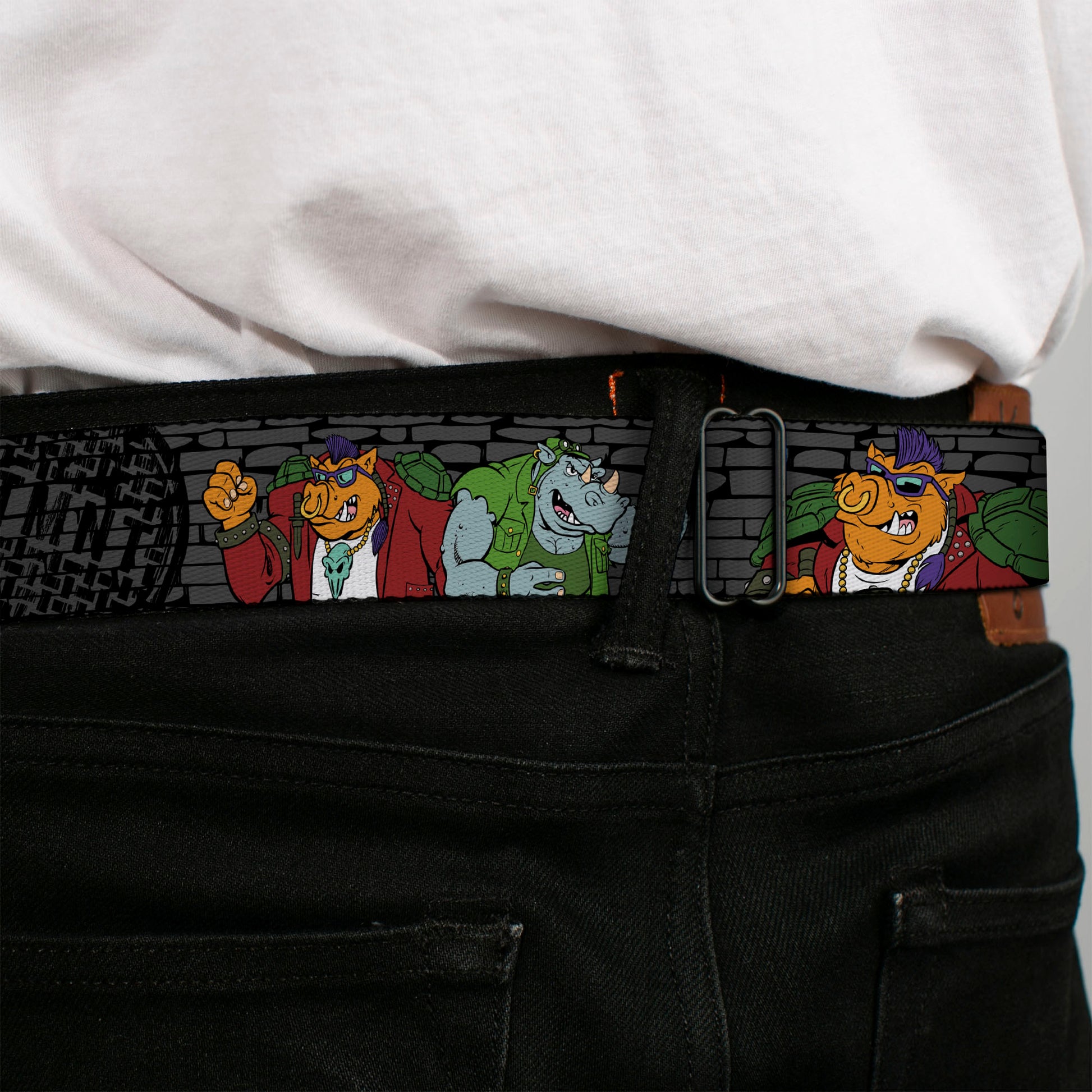 Classic TMNT Logo Full Color Seatbelt Belt - TMNT Rocksteady & Bebop Poses Bricks Gray/Black Webbing Seatbelt Belts Teenage Mutant Ninja Turtles