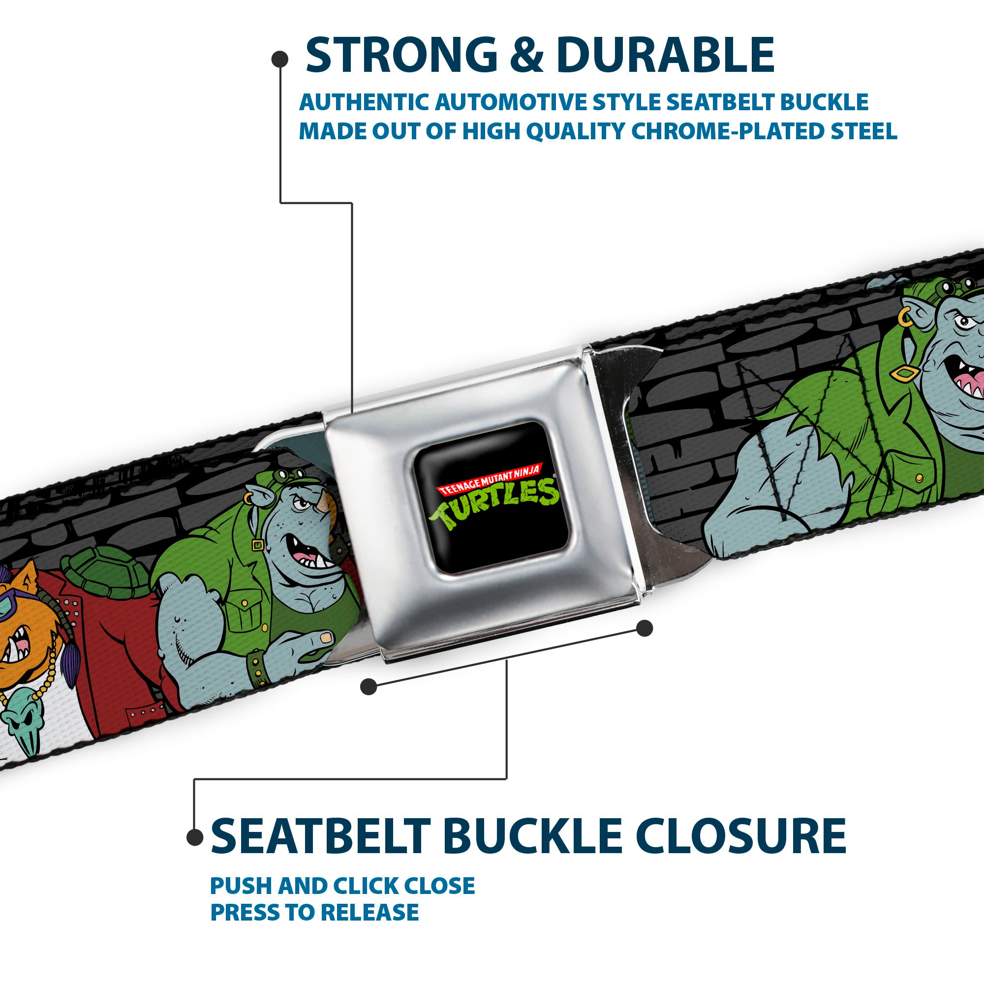 Classic TMNT Logo Full Color Seatbelt Belt - TMNT Rocksteady & Bebop Poses Bricks Gray/Black Webbing Seatbelt Belts Teenage Mutant Ninja Turtles