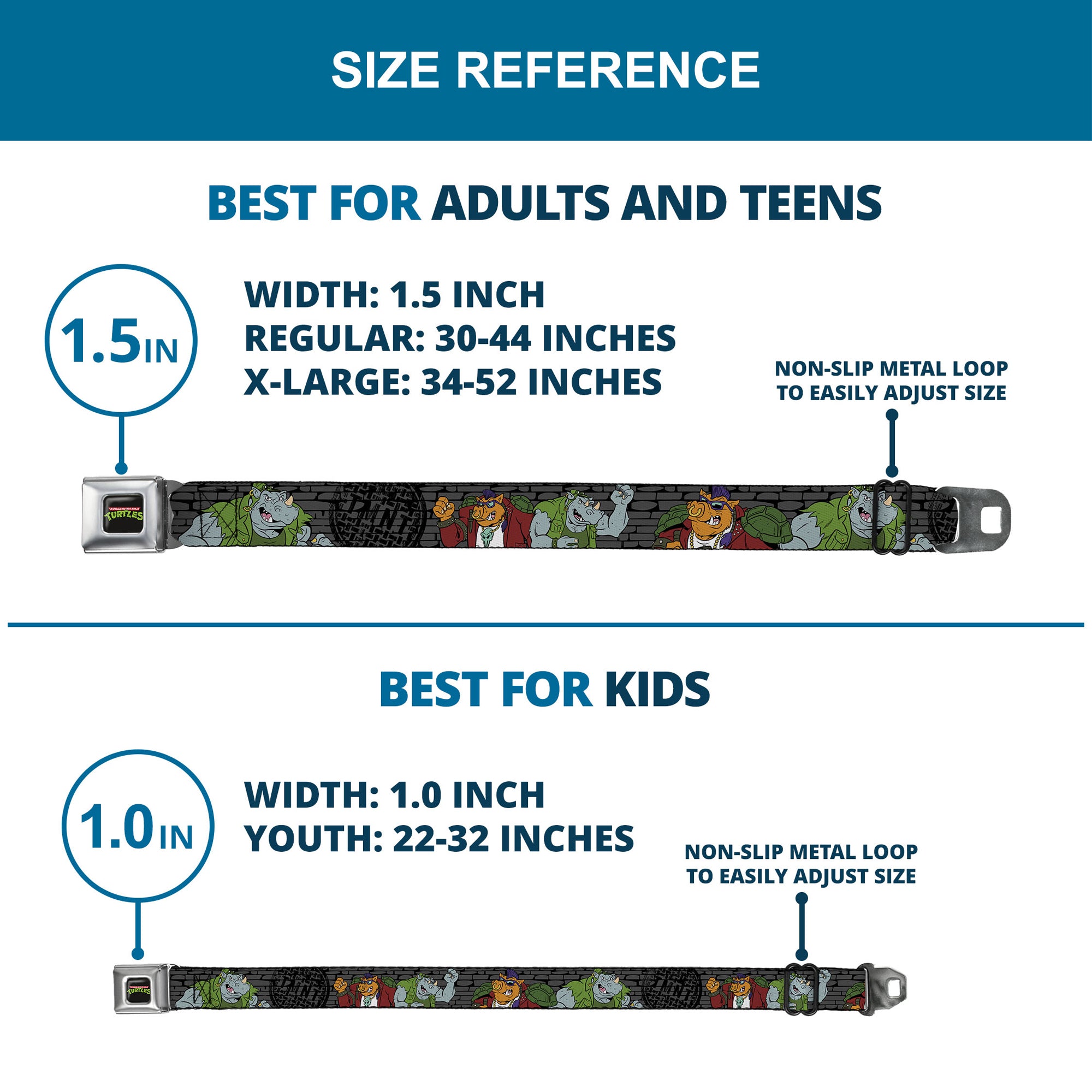 Classic TMNT Logo Full Color Seatbelt Belt - TMNT Rocksteady & Bebop Poses Bricks Gray/Black Webbing Seatbelt Belts Teenage Mutant Ninja Turtles