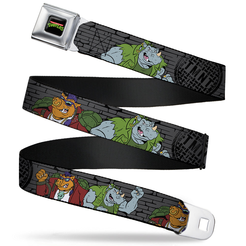 Classic TMNT Logo Full Color Seatbelt Belt - TMNT Rocksteady & Bebop Poses Bricks Gray/Black Webbing Seatbelt Belts Teenage Mutant Ninja Turtles