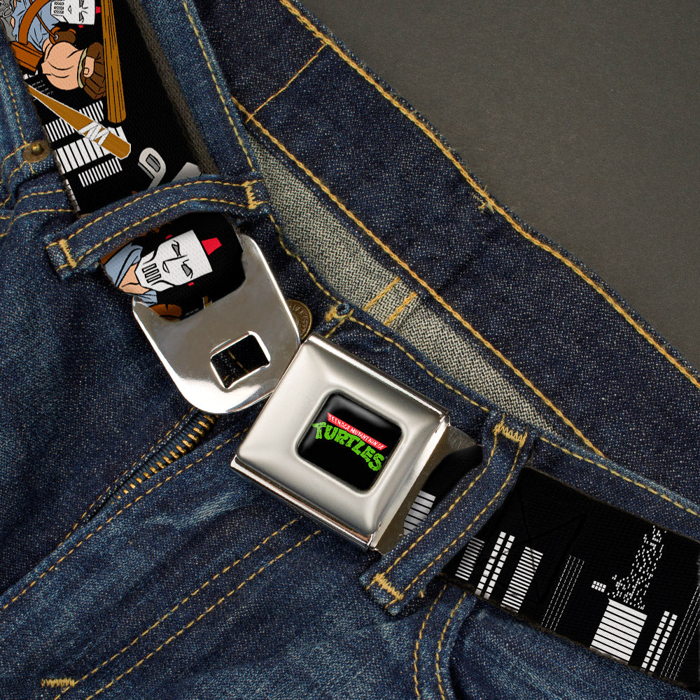 Classic TMNT Logo Full Color Seatbelt Belt - Casey Jones Action Poses/Skyline Black/White Webbing Seatbelt Belts Teenage Mutant Ninja Turtles