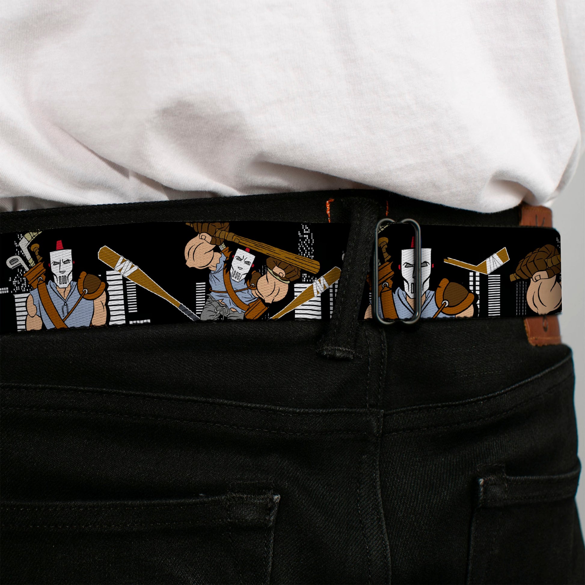 Classic TMNT Logo Full Color Seatbelt Belt - Casey Jones Action Poses/Skyline Black/White Webbing Seatbelt Belts Teenage Mutant Ninja Turtles