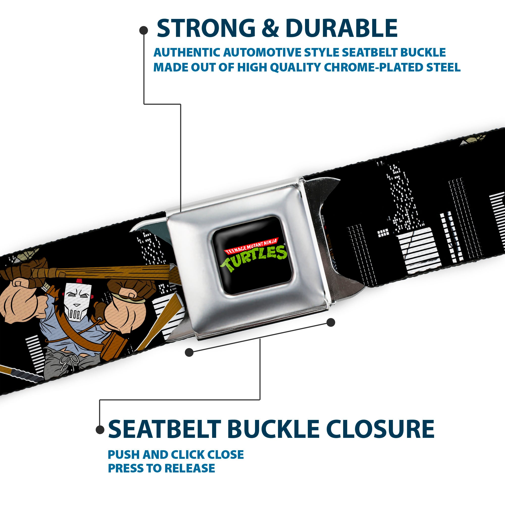 Classic TMNT Logo Full Color Seatbelt Belt - Casey Jones Action Poses/Skyline Black/White Webbing Seatbelt Belts Teenage Mutant Ninja Turtles