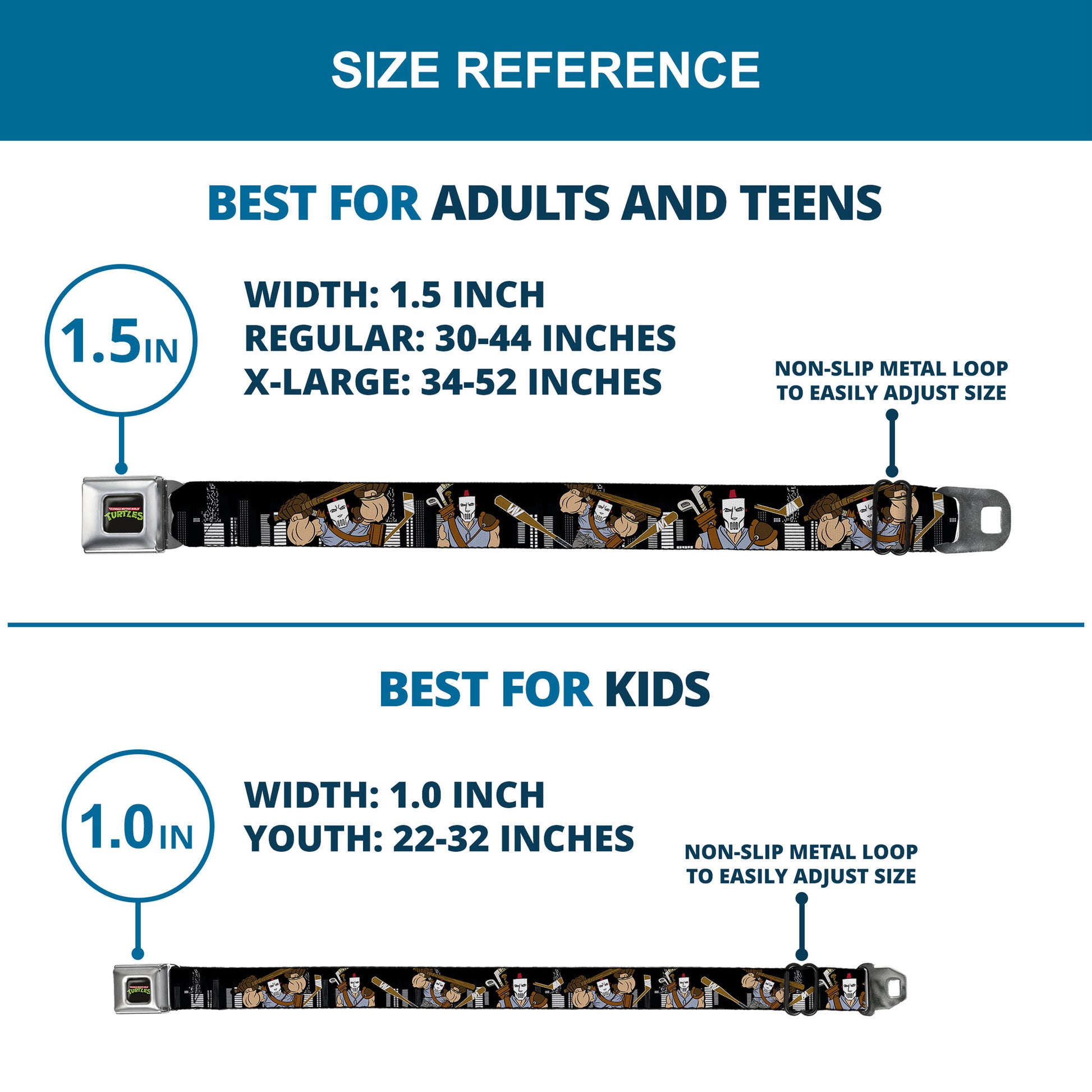 Classic TMNT Logo Full Color Seatbelt Belt - Casey Jones Action Poses/Skyline Black/White Webbing Seatbelt Belts Teenage Mutant Ninja Turtles