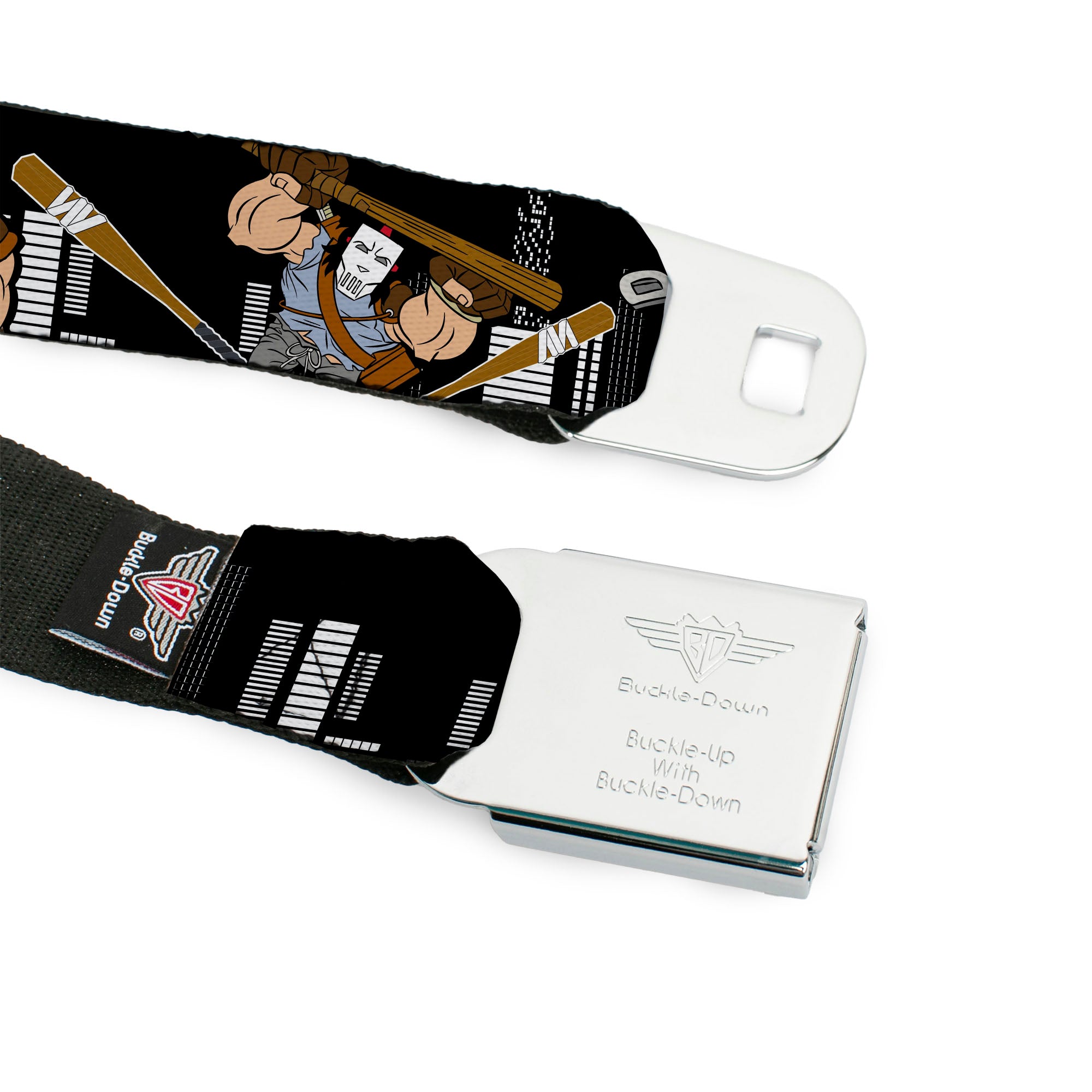Classic TMNT Logo Full Color Seatbelt Belt - Casey Jones Action Poses/Skyline Black/White Webbing Seatbelt Belts Teenage Mutant Ninja Turtles