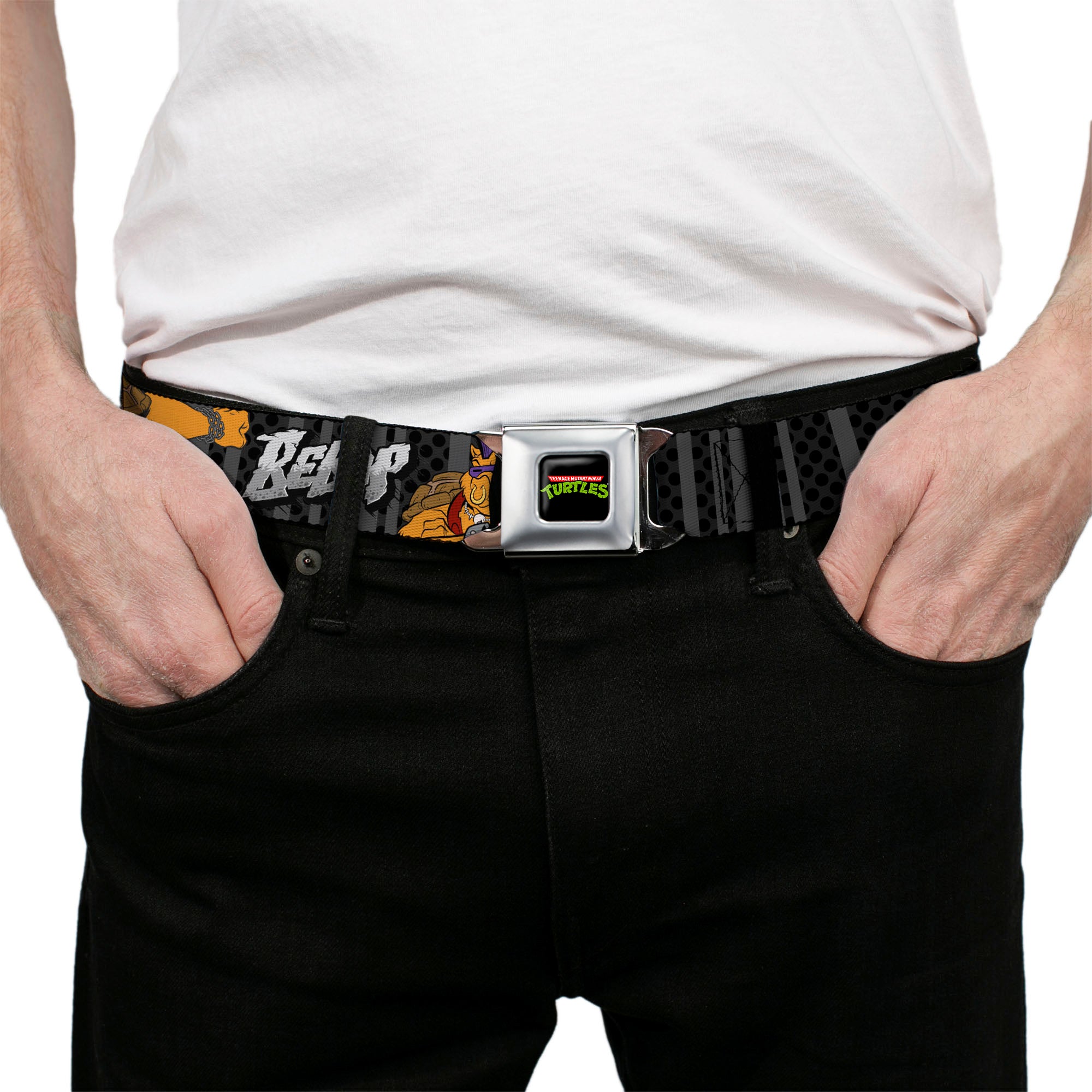 Classic TMNT Logo Full Color Seatbelt Belt - BEBOP 2-Poses Stripes/Dots Black/Grays Webbing Seatbelt Belts Teenage Mutant Ninja Turtles