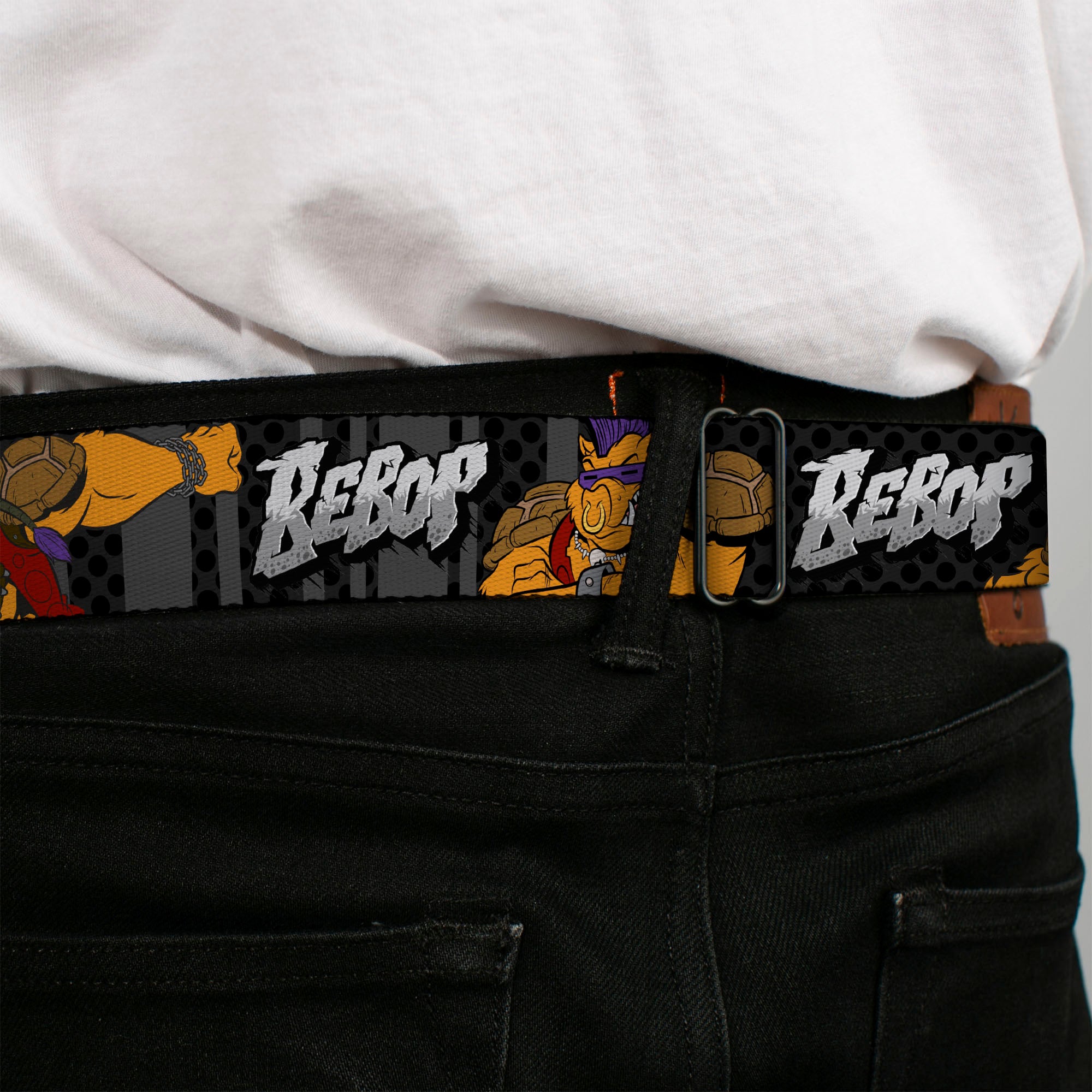 Classic TMNT Logo Full Color Seatbelt Belt - BEBOP 2-Poses Stripes/Dots Black/Grays Webbing Seatbelt Belts Teenage Mutant Ninja Turtles