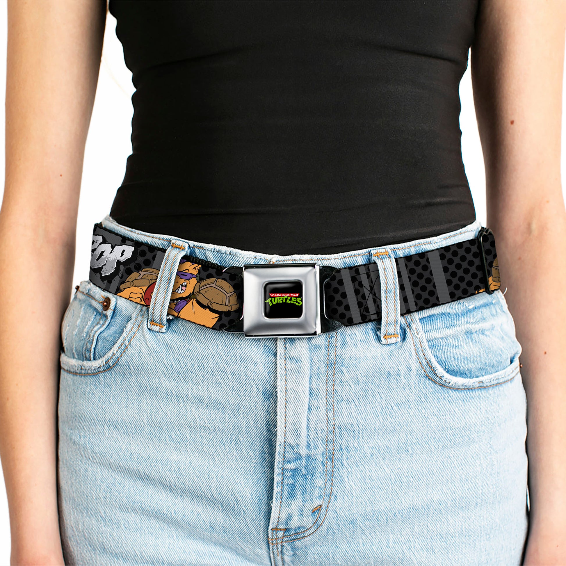 Classic TMNT Logo Full Color Seatbelt Belt - BEBOP 2-Poses Stripes/Dots Black/Grays Webbing Seatbelt Belts Teenage Mutant Ninja Turtles