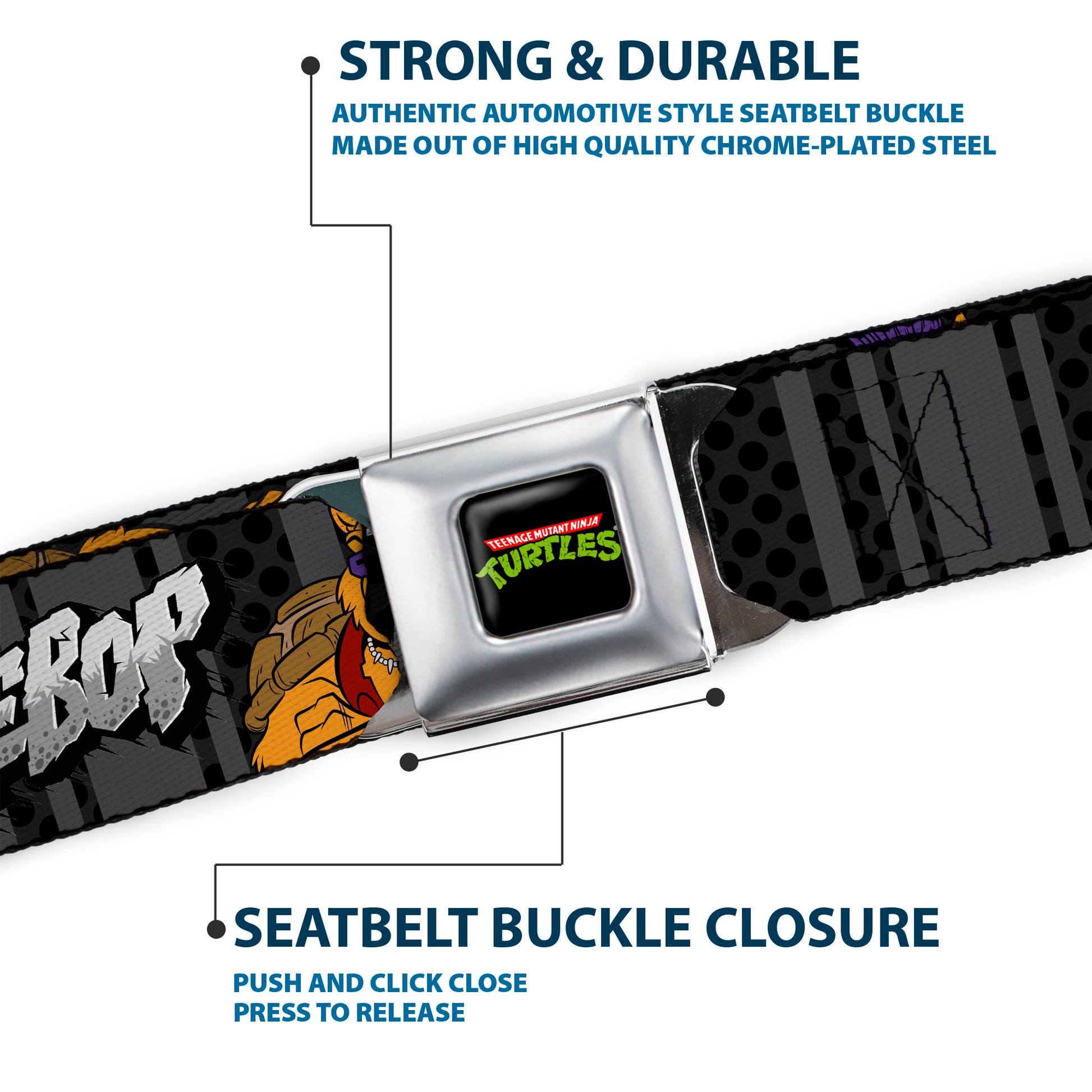 Classic TMNT Logo Full Color Seatbelt Belt - BEBOP 2-Poses Stripes/Dots Black/Grays Webbing Seatbelt Belts Teenage Mutant Ninja Turtles