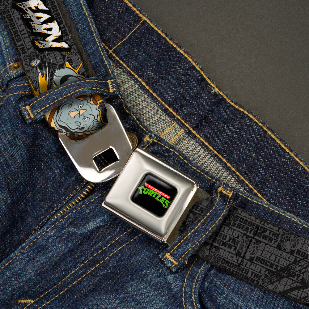 Classic TMNT Logo Full Color Seatbelt Belt - ROCKSTEADY Break Through Pose/BEATDOWN Black/Grays/Gold Webbing Seatbelt Belts Teenage Mutant Ninja Turtles