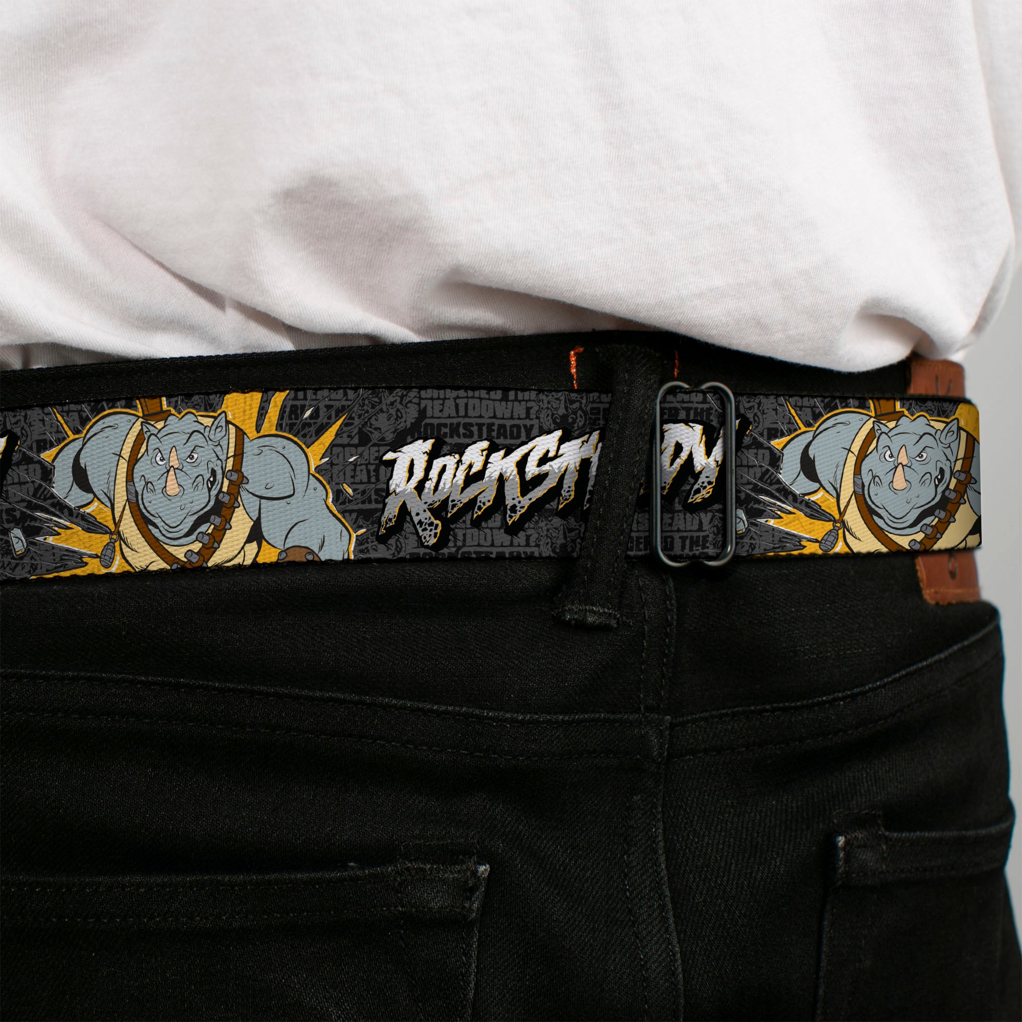 Classic TMNT Logo Full Color Seatbelt Belt - ROCKSTEADY Break Through Pose/BEATDOWN Black/Grays/Gold Webbing Seatbelt Belts Teenage Mutant Ninja Turtles