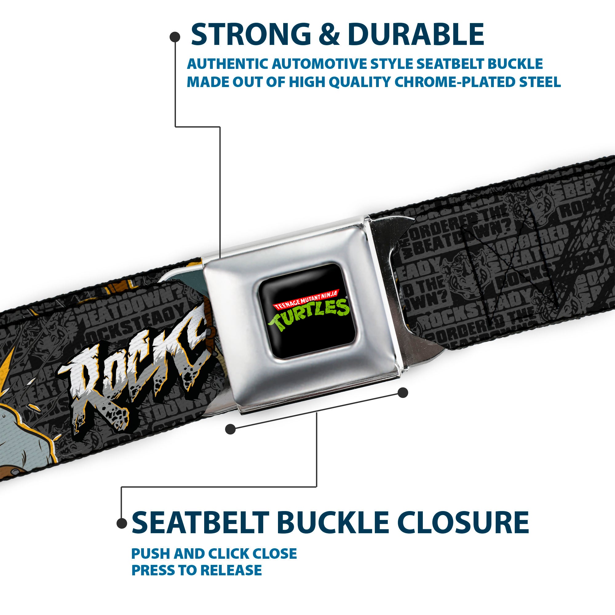 Classic TMNT Logo Full Color Seatbelt Belt - ROCKSTEADY Break Through Pose/BEATDOWN Black/Grays/Gold Webbing Seatbelt Belts Teenage Mutant Ninja Turtles