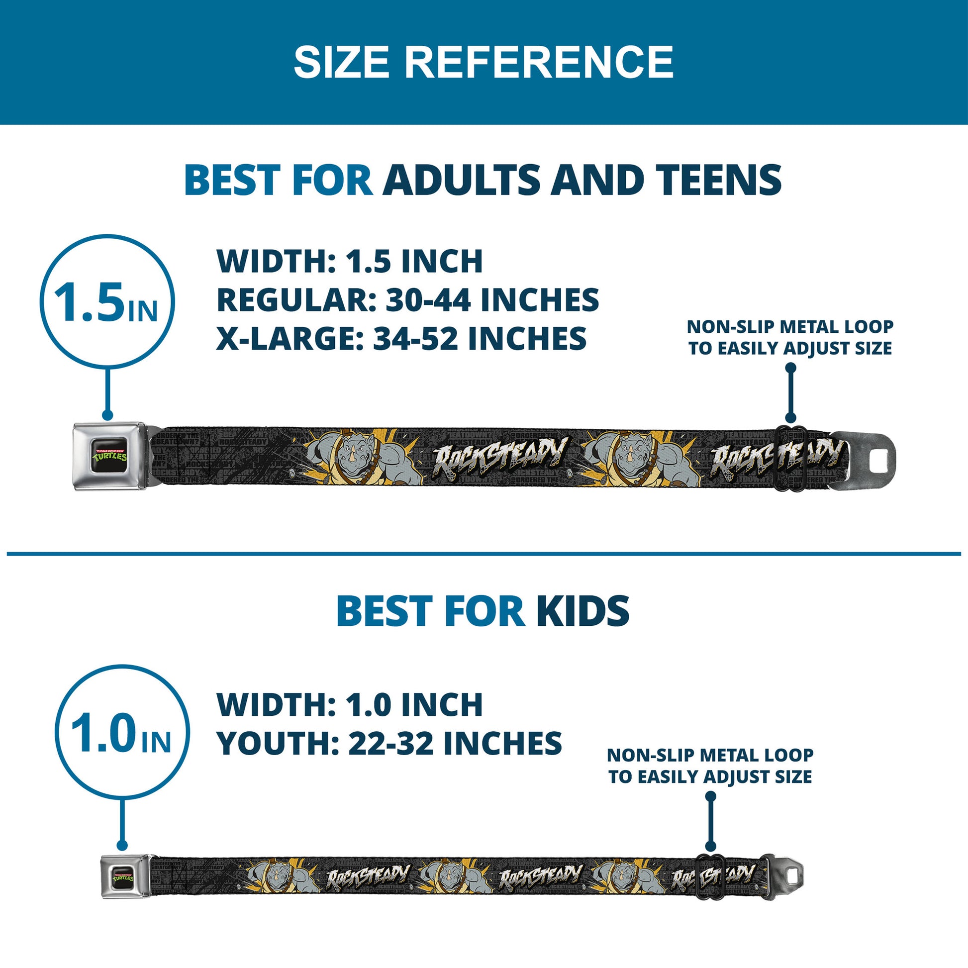 Classic TMNT Logo Full Color Seatbelt Belt - ROCKSTEADY Break Through Pose/BEATDOWN Black/Grays/Gold Webbing Seatbelt Belts Teenage Mutant Ninja Turtles