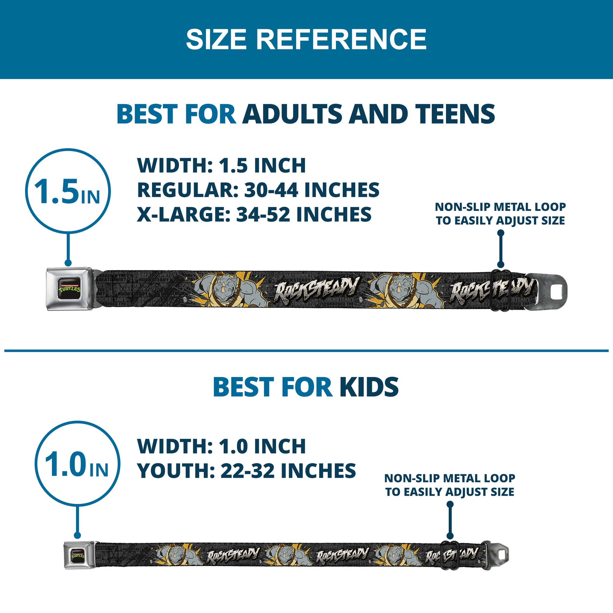 Classic TMNT Logo Full Color Seatbelt Belt - ROCKSTEADY Break Through Pose/BEATDOWN Black/Grays/Gold Webbing Seatbelt Belts Teenage Mutant Ninja Turtles