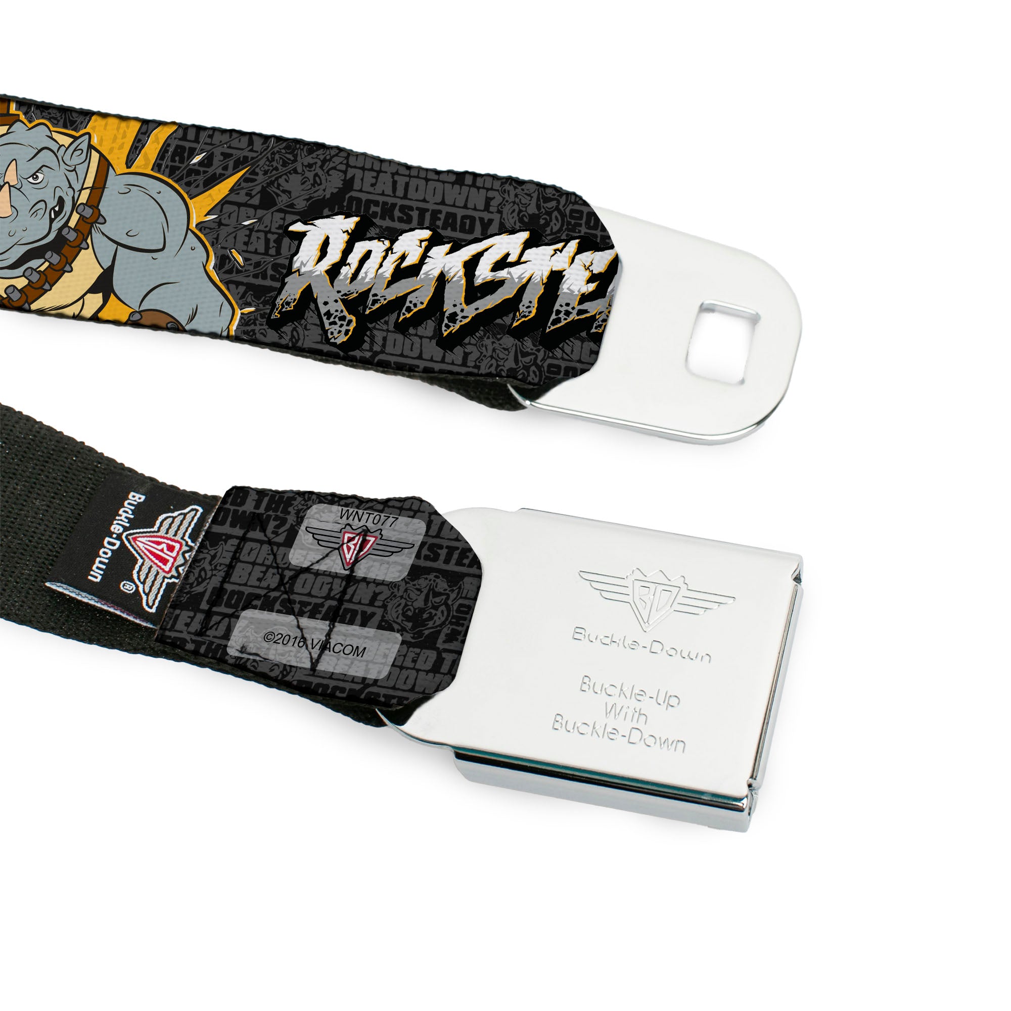 Classic TMNT Logo Full Color Seatbelt Belt - ROCKSTEADY Break Through Pose/BEATDOWN Black/Grays/Gold Webbing Seatbelt Belts Teenage Mutant Ninja Turtles