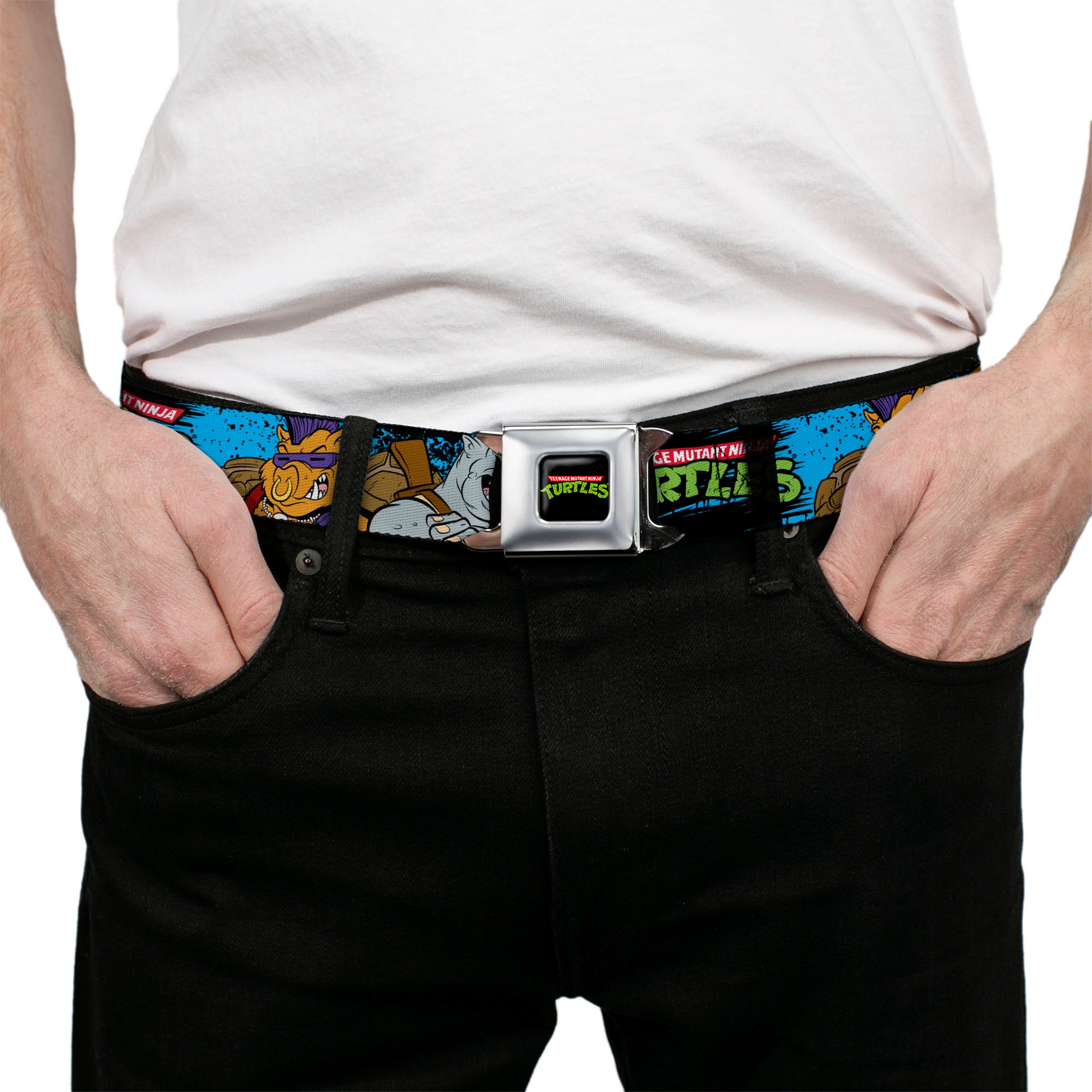 Classic TMNT Logo Full Color Seatbelt Belt - TMNT BEBOP AND ROCKSTEADY Back-to-Back Pose Splatter Blue/Black/Pink Webbing Seatbelt Belts Teenage Mutant Ninja Turtles