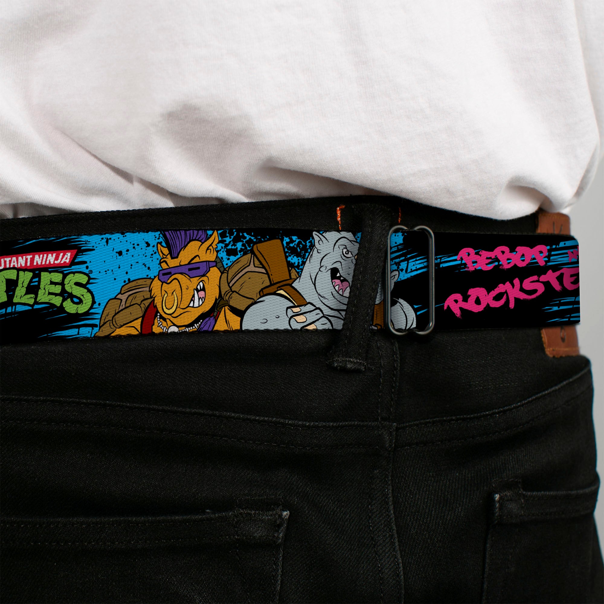 Classic TMNT Logo Full Color Seatbelt Belt - TMNT BEBOP AND ROCKSTEADY Back-to-Back Pose Splatter Blue/Black/Pink Webbing Seatbelt Belts Teenage Mutant Ninja Turtles