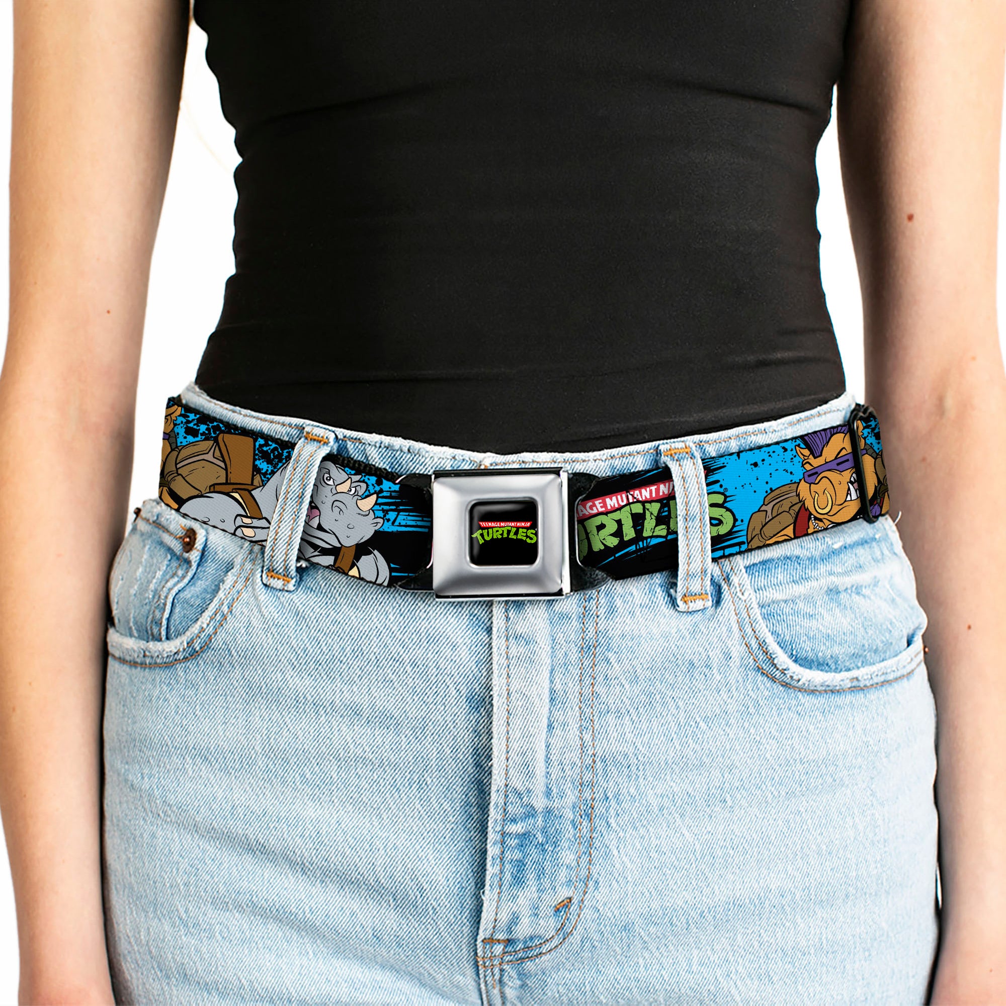 Classic TMNT Logo Full Color Seatbelt Belt - TMNT BEBOP AND ROCKSTEADY Back-to-Back Pose Splatter Blue/Black/Pink Webbing Seatbelt Belts Teenage Mutant Ninja Turtles